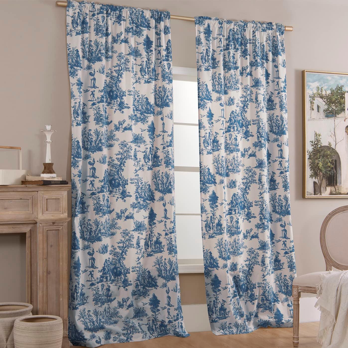 Blue Toile Window Curtains Drapes for Living Room 84 Inch Length 2 Panels Set Long Sheer Cotton Textured French Country Floral Vintage Victorian Semi Blackout Farmhouse Darkening Curtain for Bedroom
