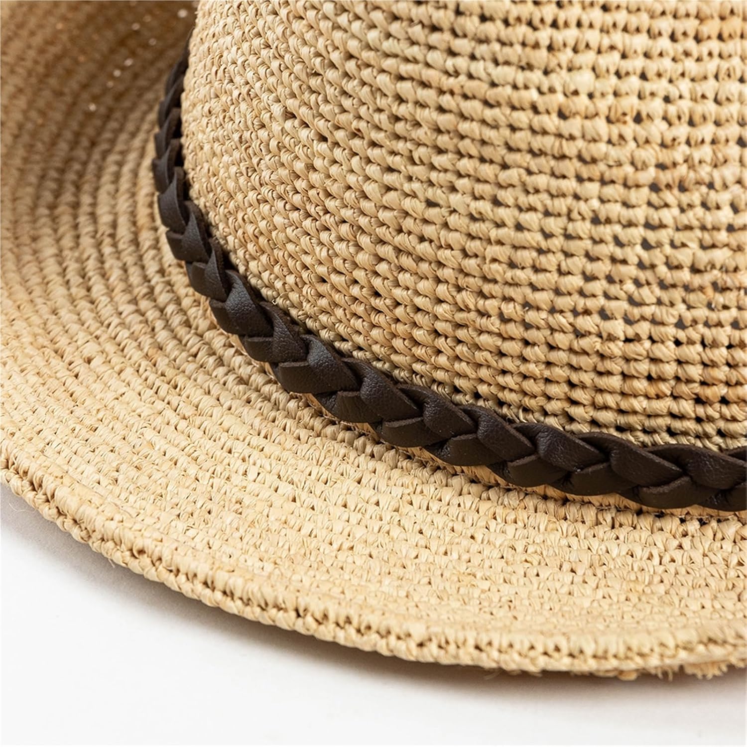 Unisex Raffia Straw Fedora Hat with Braided Belt, Roll Brim Summer Sun Hat for Outdoor Travel Beach