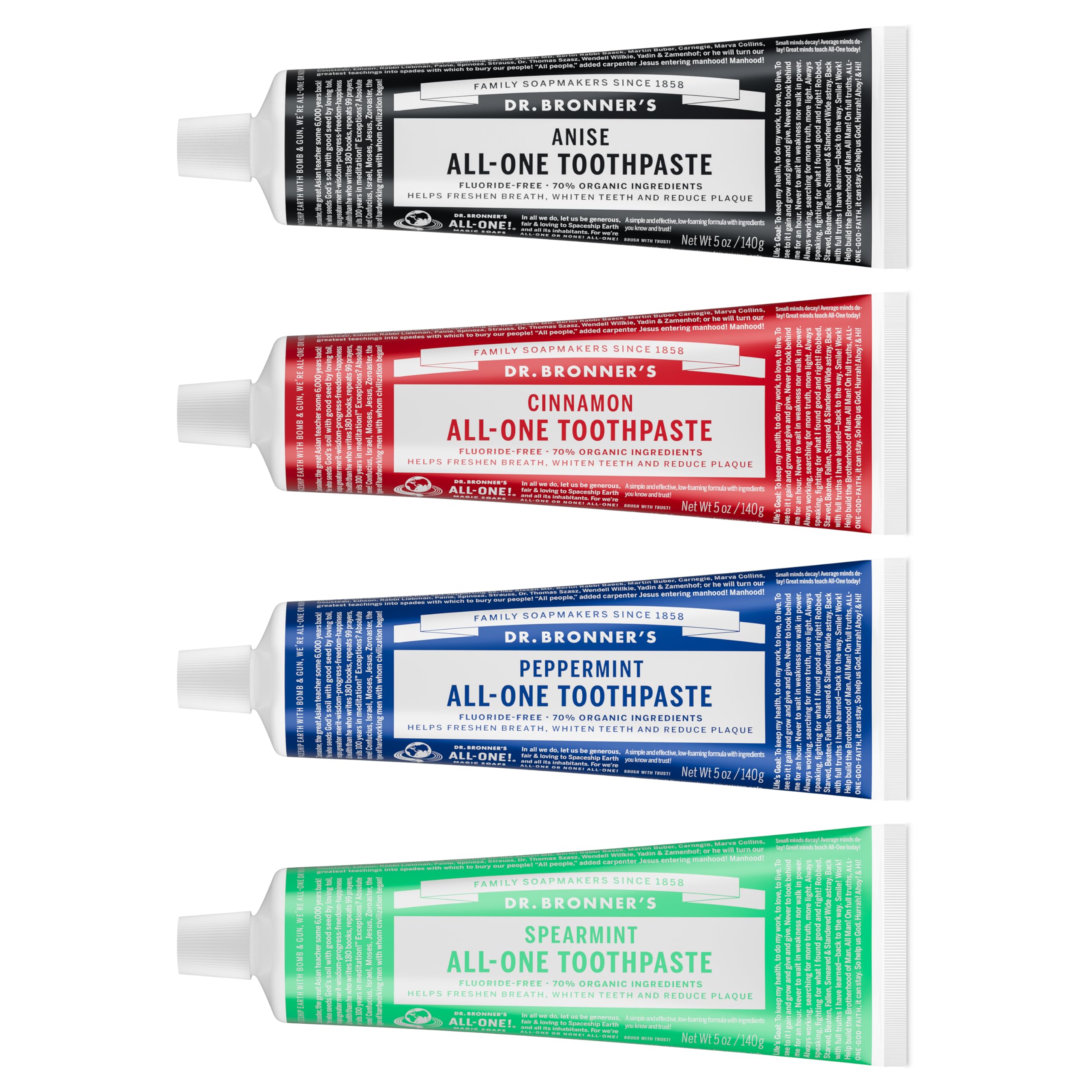 Dr. Bronner’s - All-One Toothpaste Variety Pack - Peppermint, Cinnamon, Anise, & Spearmint, 70% Organic Ingredients, Natural & Effective, Fluoride-Free, Helps Freshen Breath, Vegan (5oz, 4-Pack)