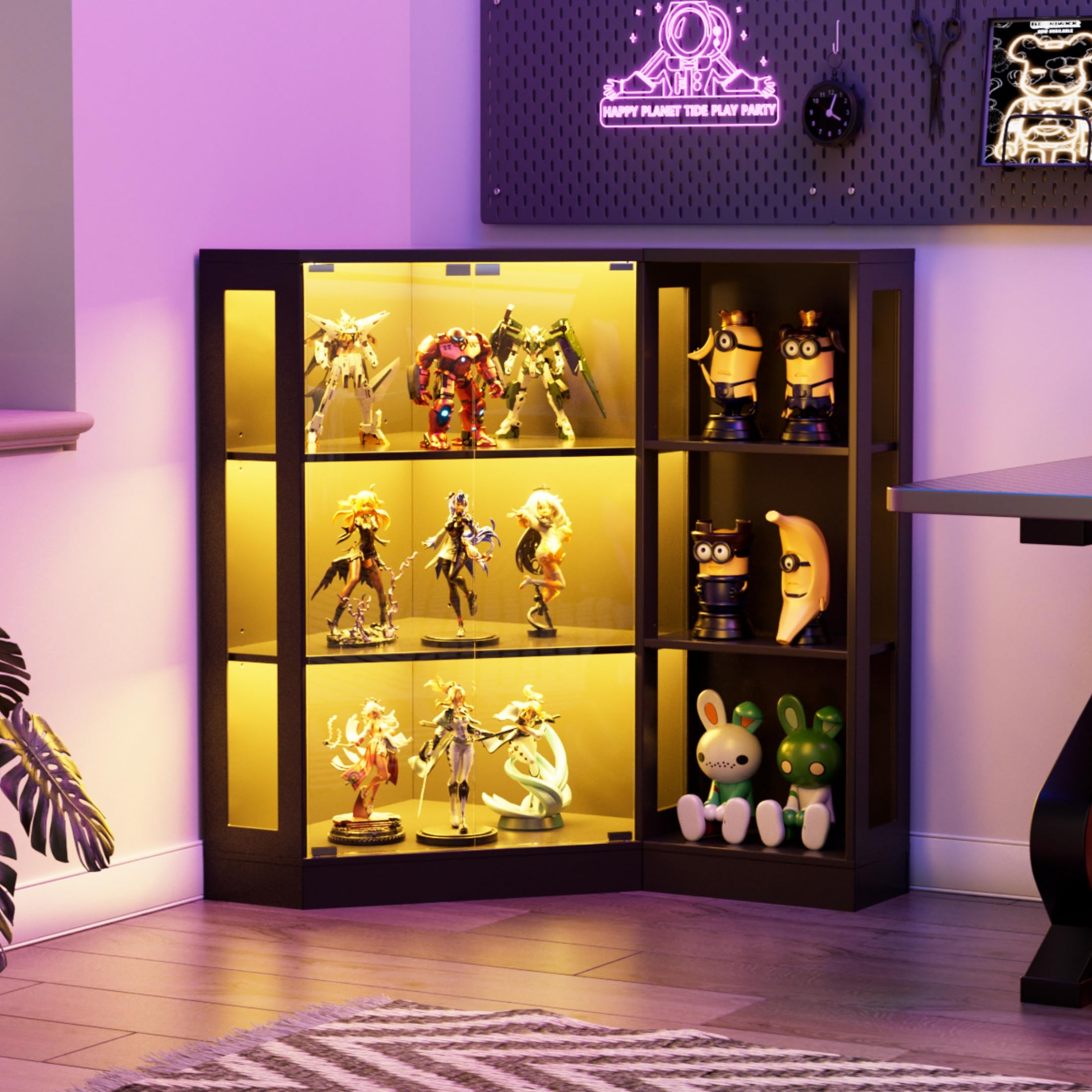 Vitrina de Cristal con LED,Vitrina Expositora Esquina para Colecciones de 3 Pisos,Puertas de Vidrio Templado Apertura por Presión,Estantes Ajustables,Para Sala, Oficina, Colecciones,100x116.5x60cm