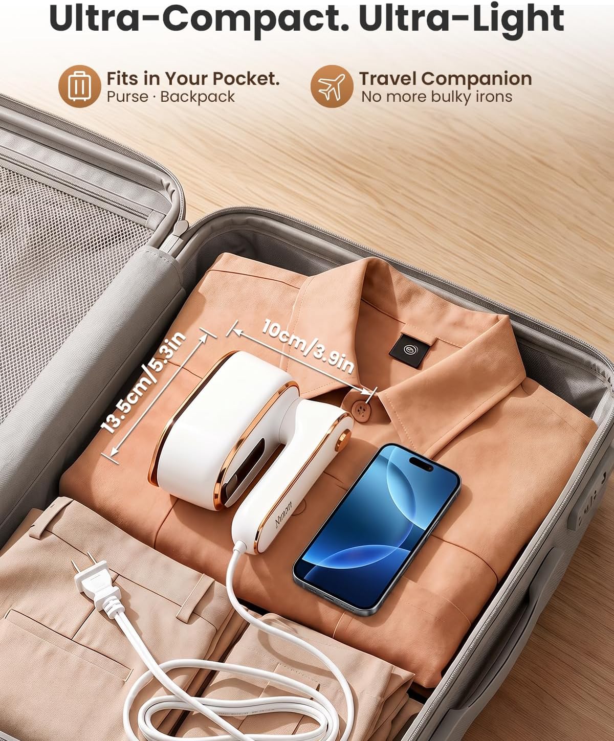 Iron Steamer for Clothes, Travel Garment Steamer with 180° Rotatable Handle, 20s Fast Heat-up Portable Steamer for Travel & Home, 970W Dry & Wet Ironing Machine for Different Fabrics, White