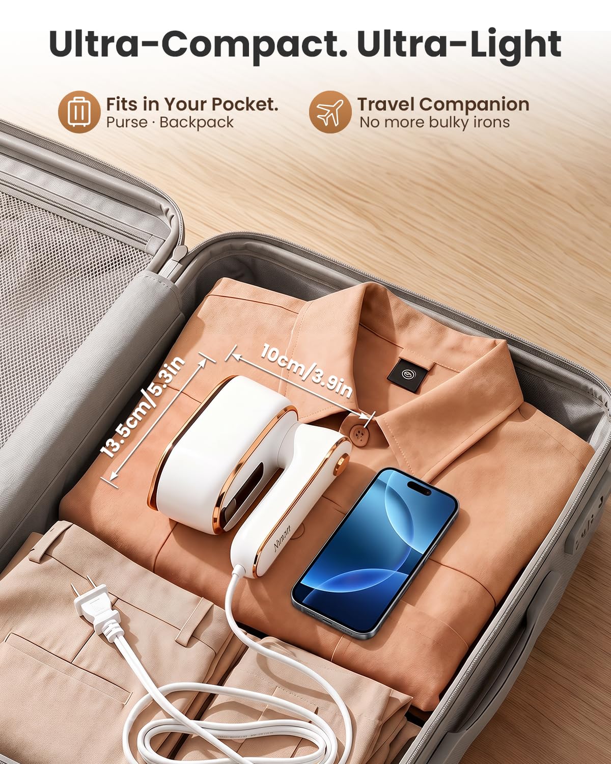 Steamer for Clothes, Handheld Portable Iron Steamer, 2-in-1 Dry & Steam, 180° Rotatable Handle, 20s Fast Heat-Up view 3