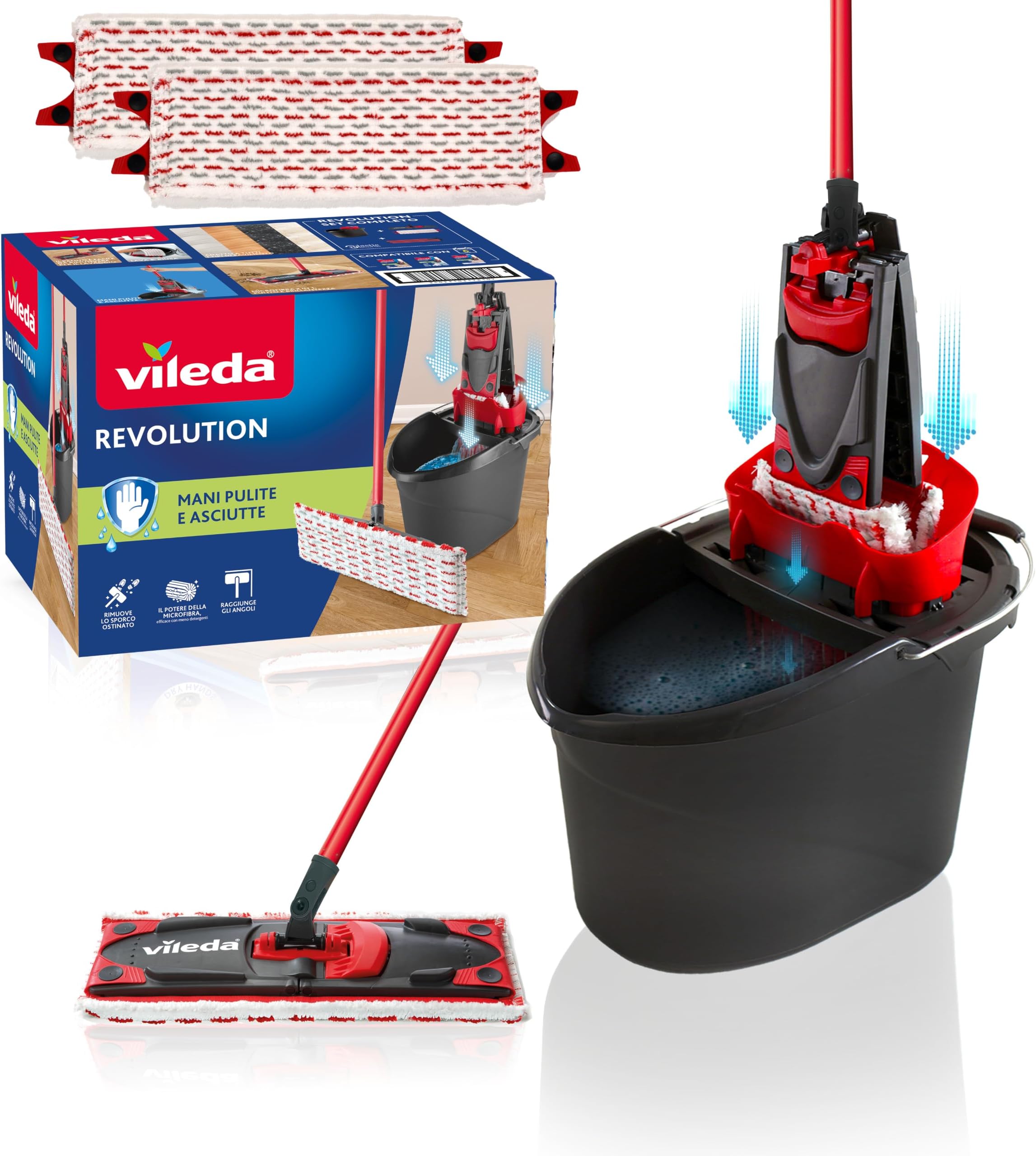 Vileda - All Floor Cleaning System with Bucket, Drainer and Stand with Microfibre Cloth - Black/Red