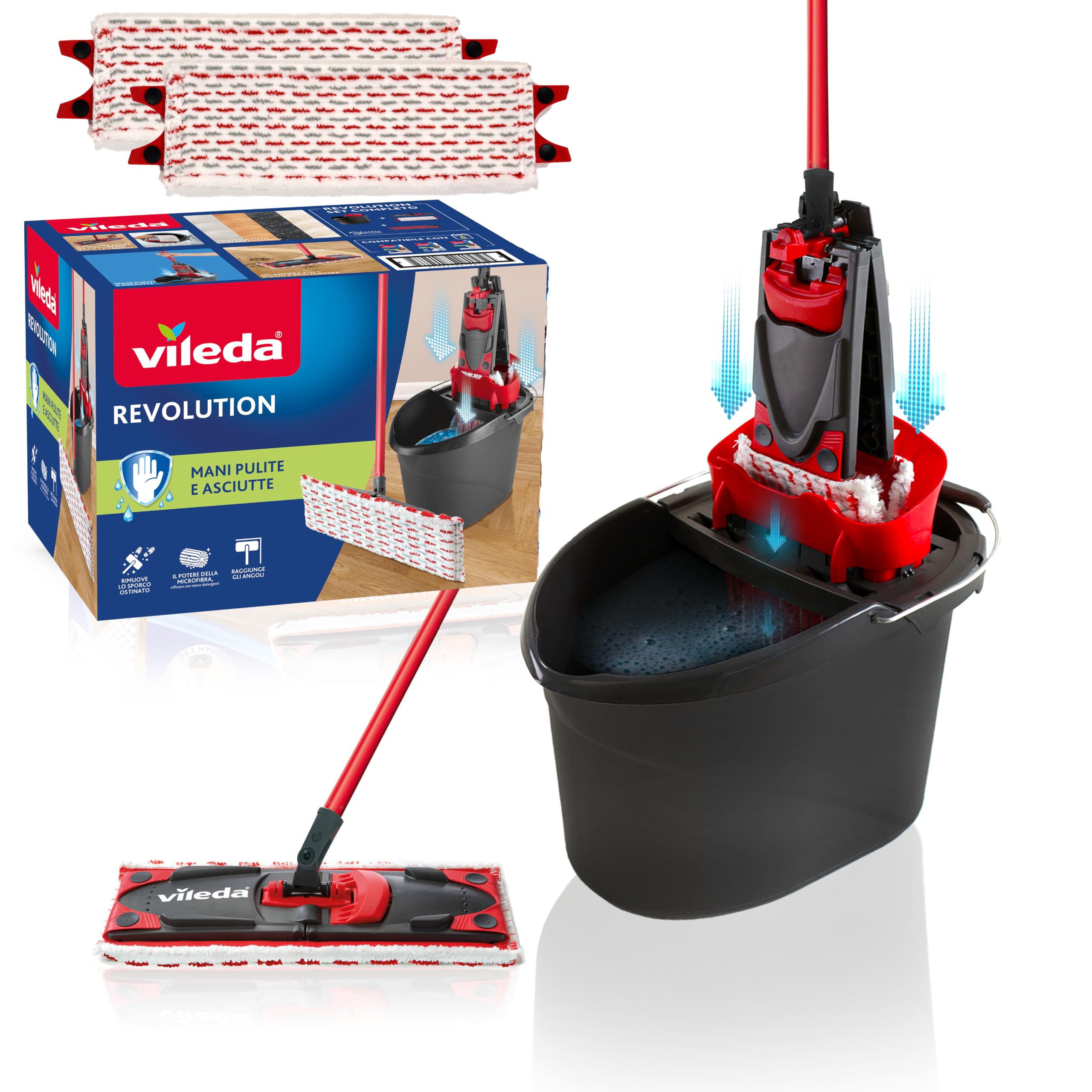 Vileda - Alle Bodenreinigungssystem mit Eimer, Abtropfgestell und Ständer mit Mikrofasertuch - Schwarz/Rot