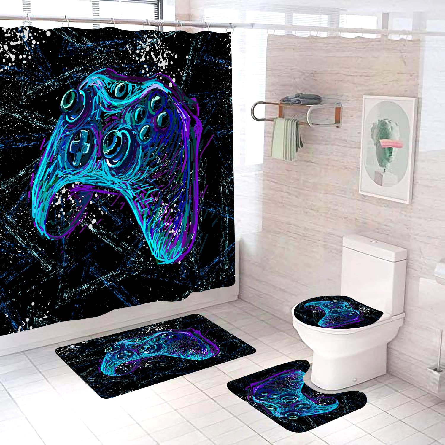 Neon Video Game Shower Curtain Kids Boys Gaming Bath Curtain with 12 Hooks Modern Gamer Bathroom Decor Teens Gamepad Shower Curtain Set, Blue 72" x72"