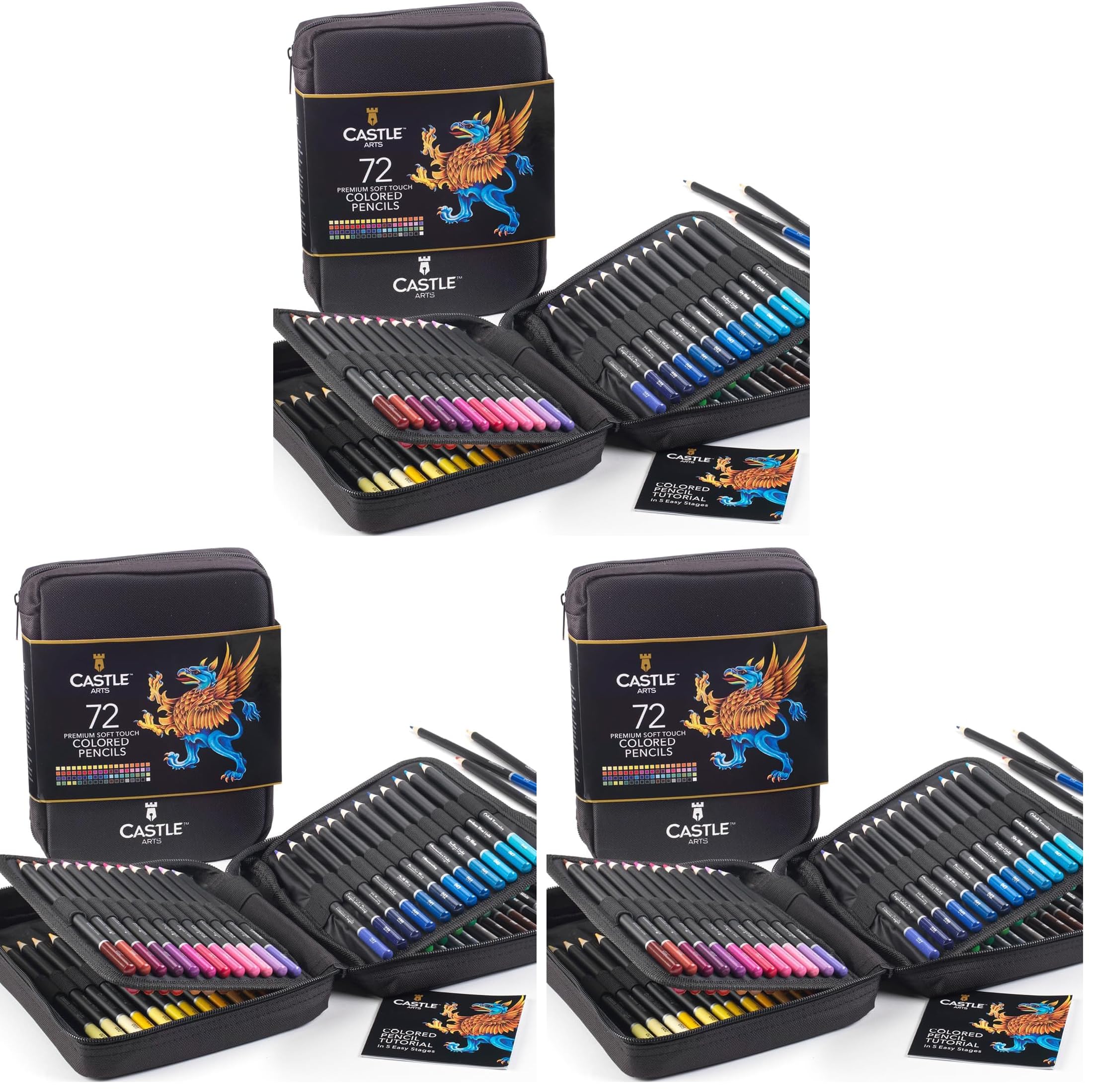 Castle Art Supplies - Set of 72 Colored Pencils with Soft core for Artists, Professionals and Adult colorists, Sturdy Zipper case for Easy Carrying (Pack of 3)