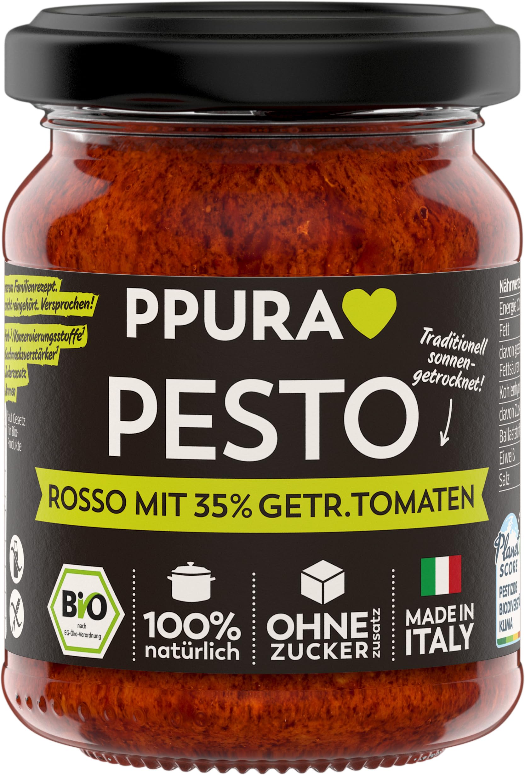 PPURA Bio Pesto Rosso mit 35% Sonnengetrockneten Tomaten | Rotes Pesto mit Parmigiano Reggiano & nat. Olivenöl Extra | Nudel-Soße Made in Italy | 100% Natürlich Ohne Zusatzstoffe | 120g Glas