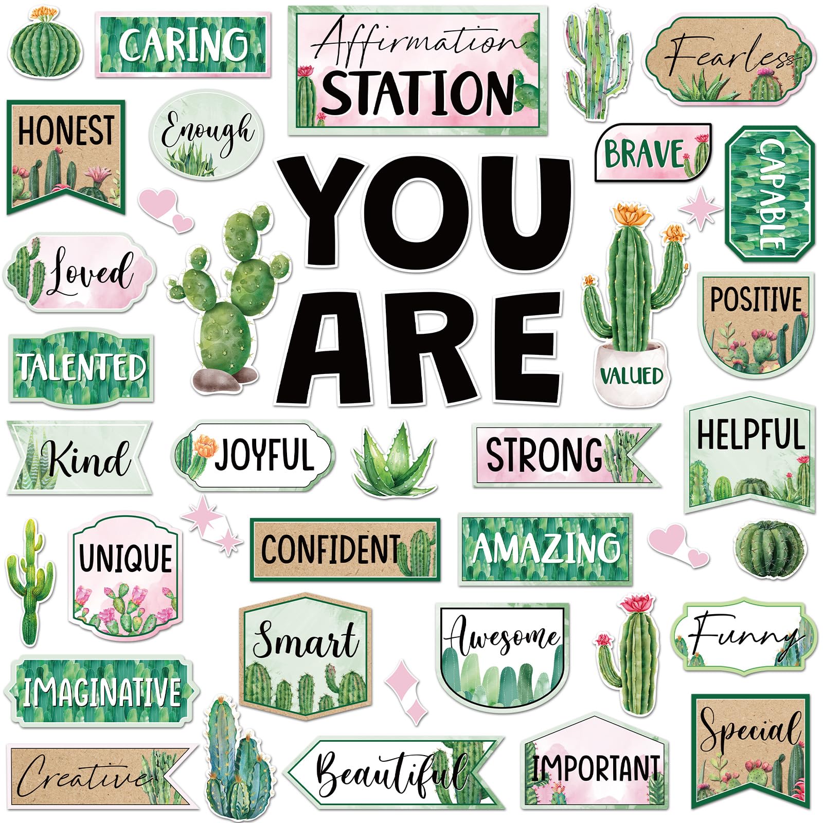Weekgrat 45pcs Cactus Affirmation Station Bulletin Board Set Motivational Posters Classroom Mirror Growth Mindset Decor Positive Affirmations Accents