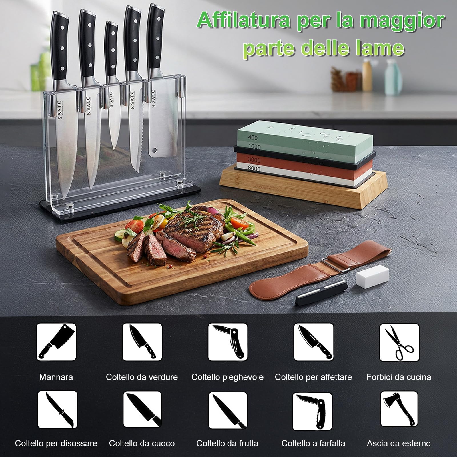 Pietra Affilacoltelli Giapponese 8-in-1 – Set 400/1000 & 3000/8000 per Affilare Coltelli, Supporto Antiscivolo in Bambù, Guida Angolare per Affilatura Precisa, Grana Fine e Grossa