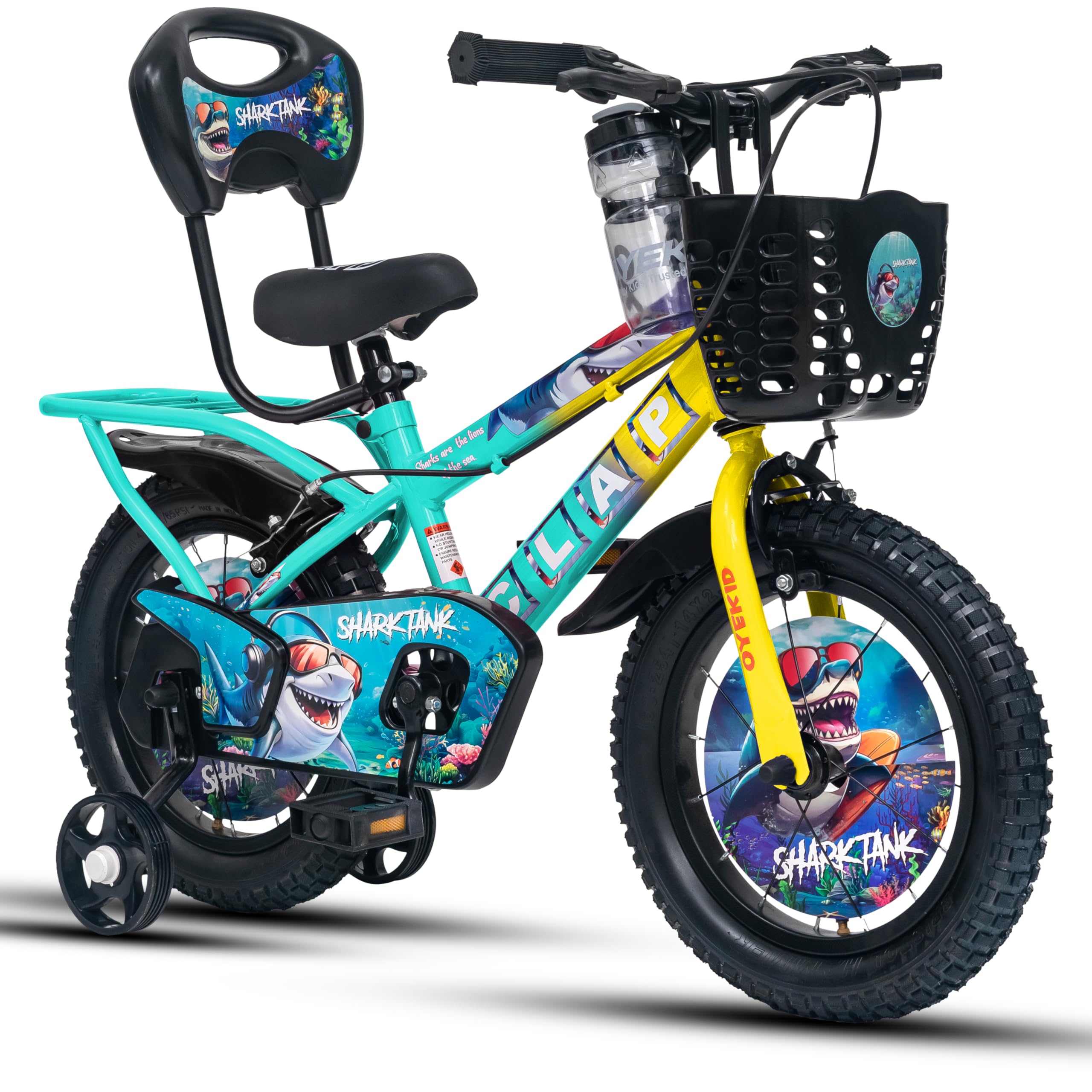 Shark Tank 20T Kids Bicycle for Boys & Girls with Inbuilt Carrier, Front Basket, PU Soft Seat, Full Chain Cover & Stylish Wheelcards (Yellow/Sea Blue)-image-47