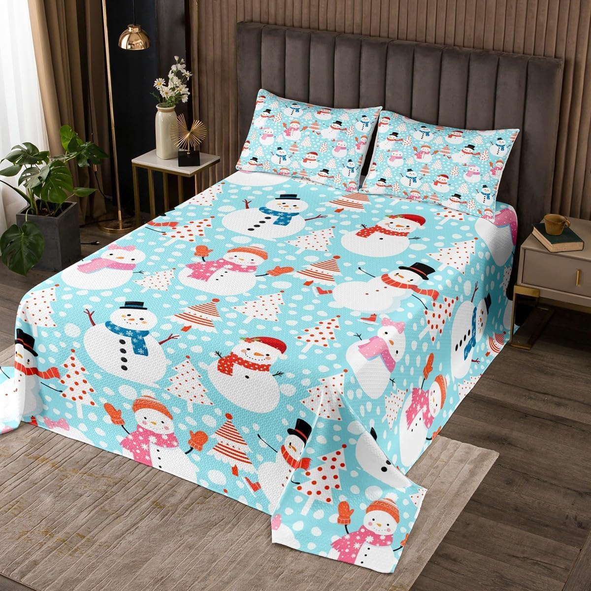 Homewish Cute Snowman Bedding Quilt King Size Cartoon Christmas Tree Bedspread 3Pcs Red White Dots Print Theme Comforter Set for Kids Girls Boys Room Decor Watercolor Pink Coverlet Set,2 Pillowcases