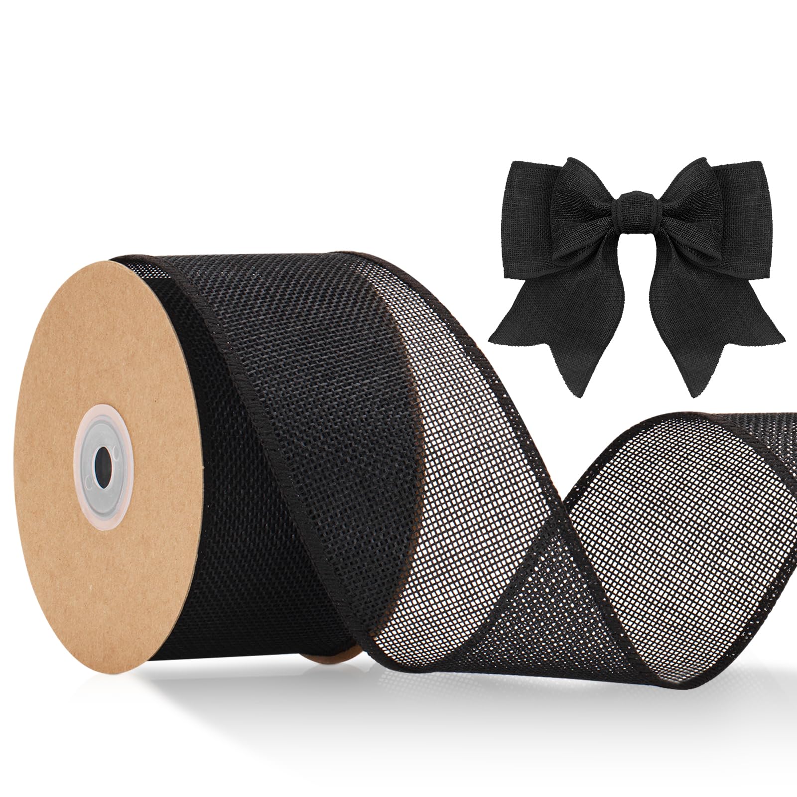 KINGLAKE 6.4cm Wired Burlap Ribbon, 10m Black for Wreath Bows Making Jute Hessian Wide Christmas for Crafting Gift Wrapping