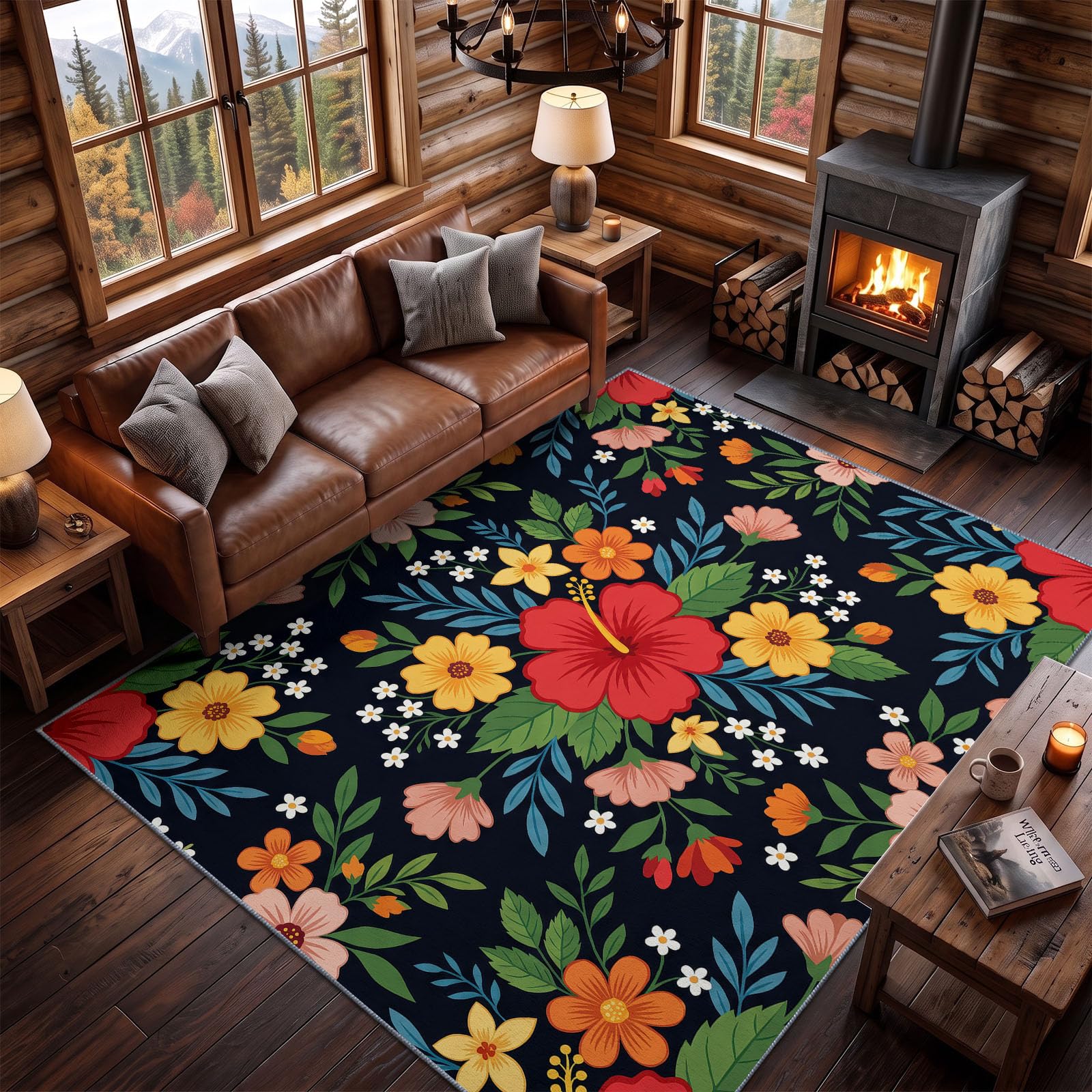 Vintage Ethno Teppich Wohnzimmer 120 x 180 cm Lebendig Pflanzen Floral Hibiskus Teppich Waschbare Kurzflor Weich rutschfest für Bettvorleger Schlafzimmer Kinderzimmer, Marineblau