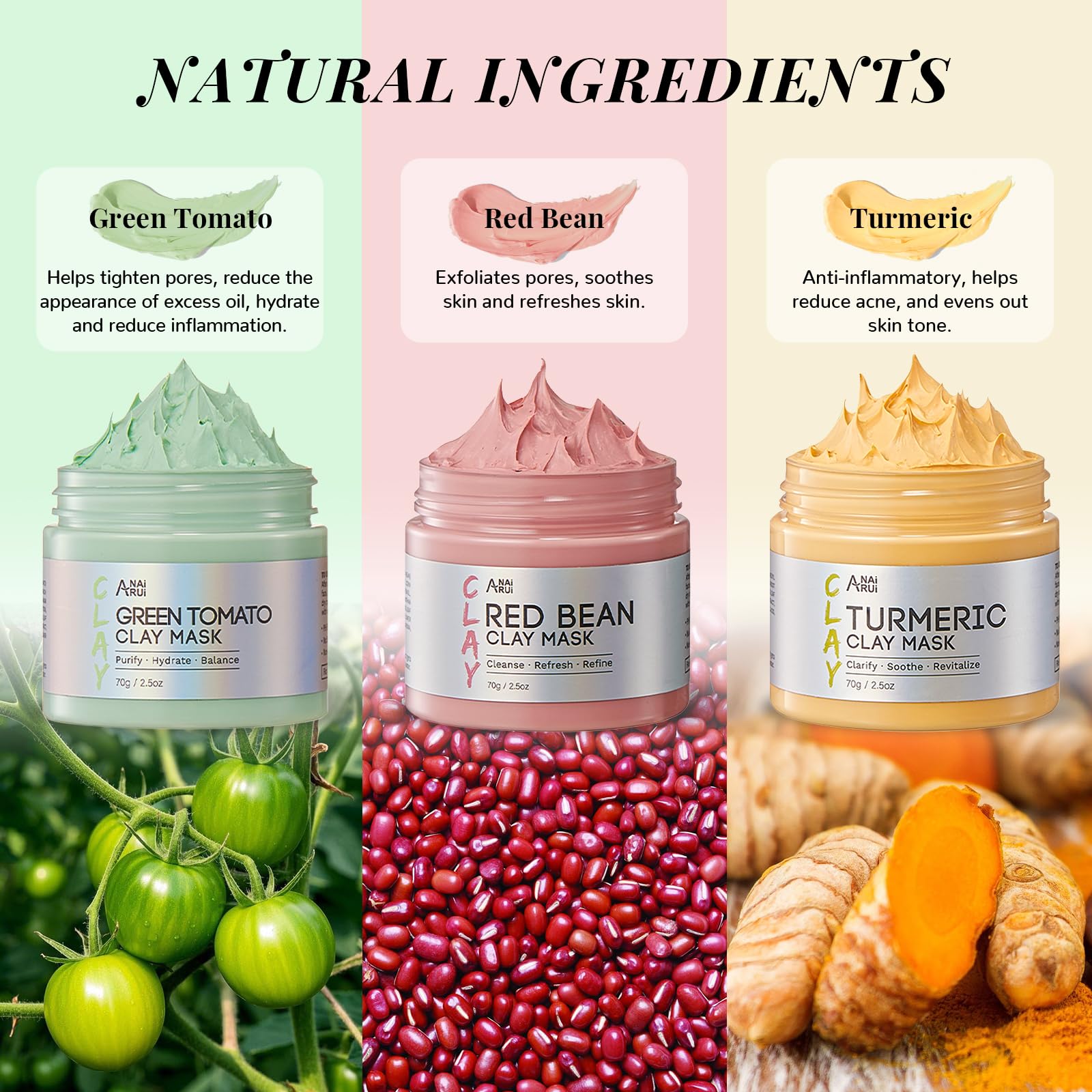 ANAiRUi Clay Mask, Face Masks Skincare, Green Tomato Clay Mask + Turmeric Face Mask + Red Bean Refreshing Pore Mask - Image 2