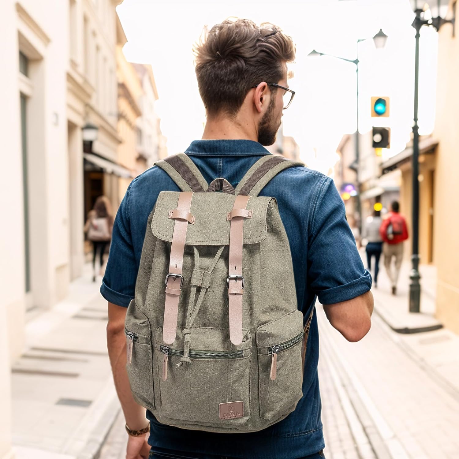 Vintage Canvas Backpack for Men & Women, Durable Casual Daypack with Leather Accent, Fits for College, Work, Travel, & Outdoor, Green - Image 7