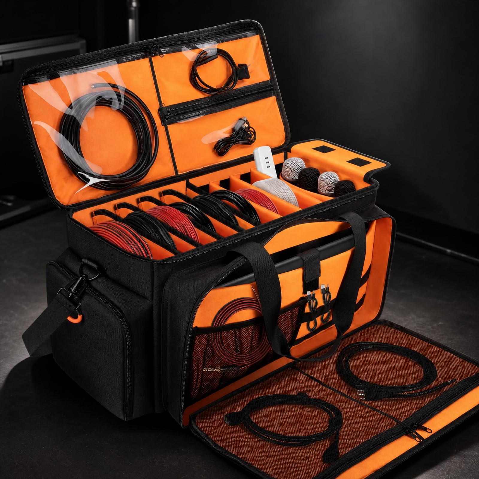 Bolsa Organizadora Cables Portátil | Compartimentos Acolchados Ajustables, Bolsa Herramientas con Correa, Resistente, Estuche, para Conciertos, Exteriores, Negro Naranja