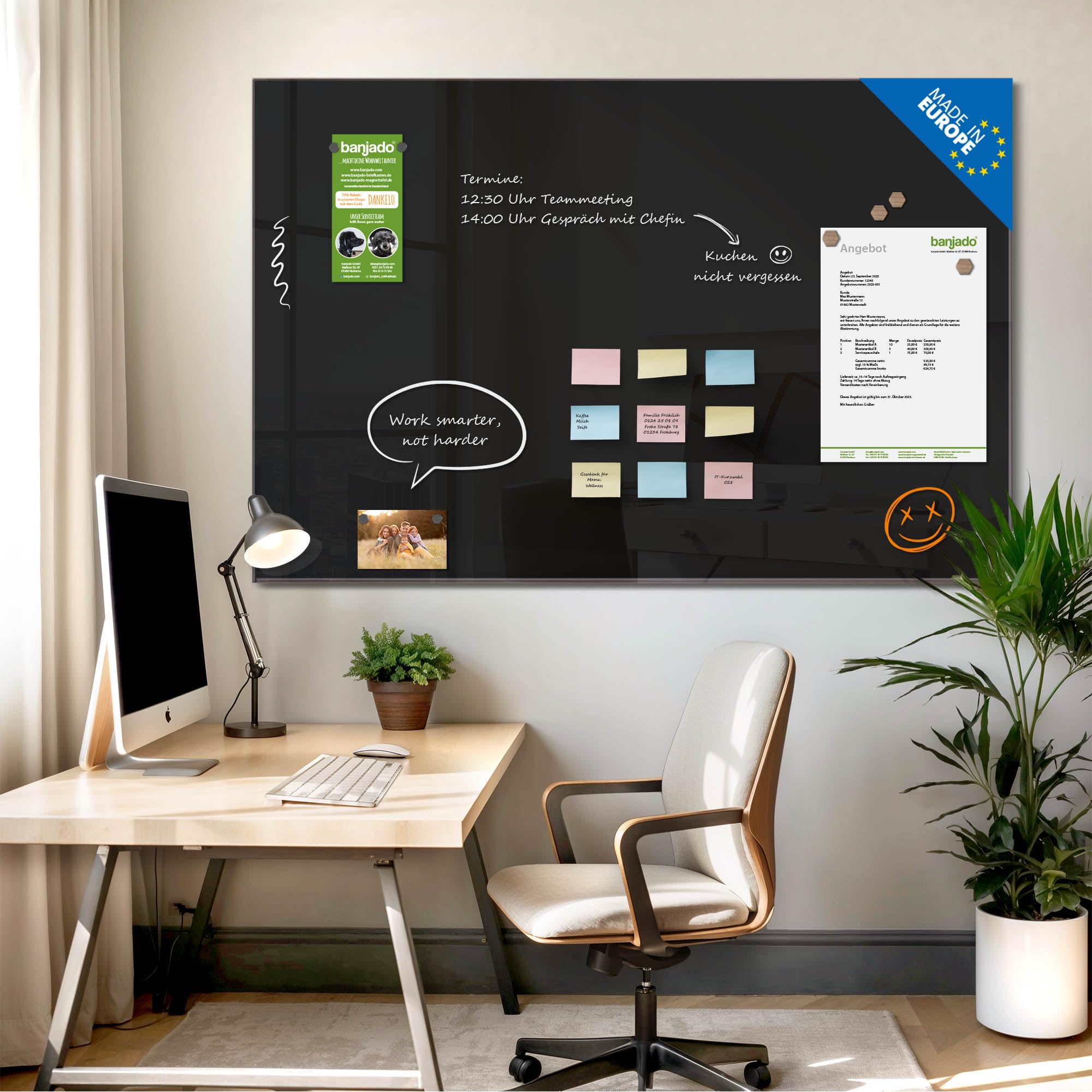 banjado Glas Magnettafel (120 x 80cm) - Magnetwand Glas - Magnetpinnwand als Memoboard - Pinnwand Magnettafel Küche, Büro, Kinderzimmer - Tiefschwarz
