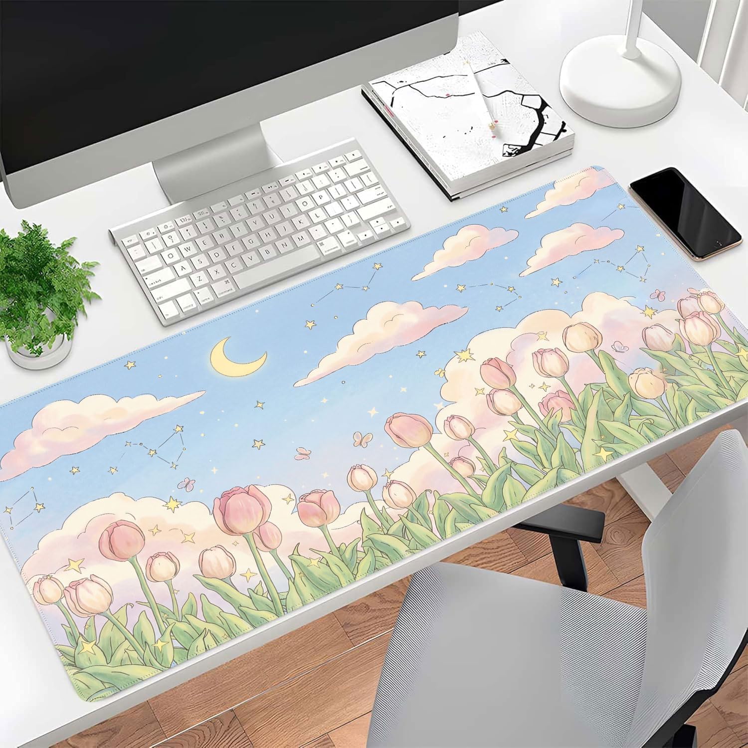 Kawaii Tulip Desk Mat Gaming Desk Pad Large Mouse Pads, XXL Mouse Mat Laptop Keyboard Pad Desk Matt Computer Protector for Desktop with Non-Slip Base and Stitched Edge 31.5 x 11.7 in