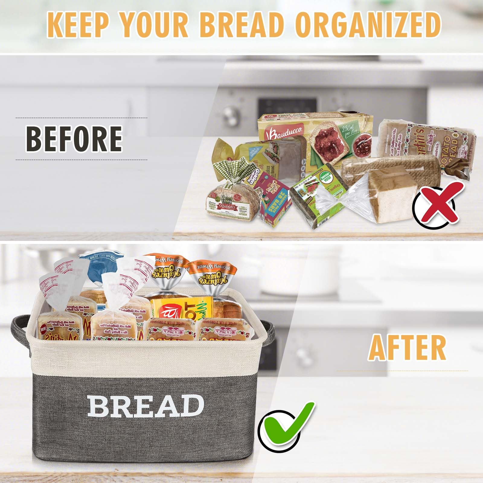 Lukeline Panier de rangement à pain pour cuisine, boîte de rangement pliable en tissu avec poignées, paniers à pain pour comptoir de cuisine et garde-manger, rangement du pain pour comptoir de cuisine
