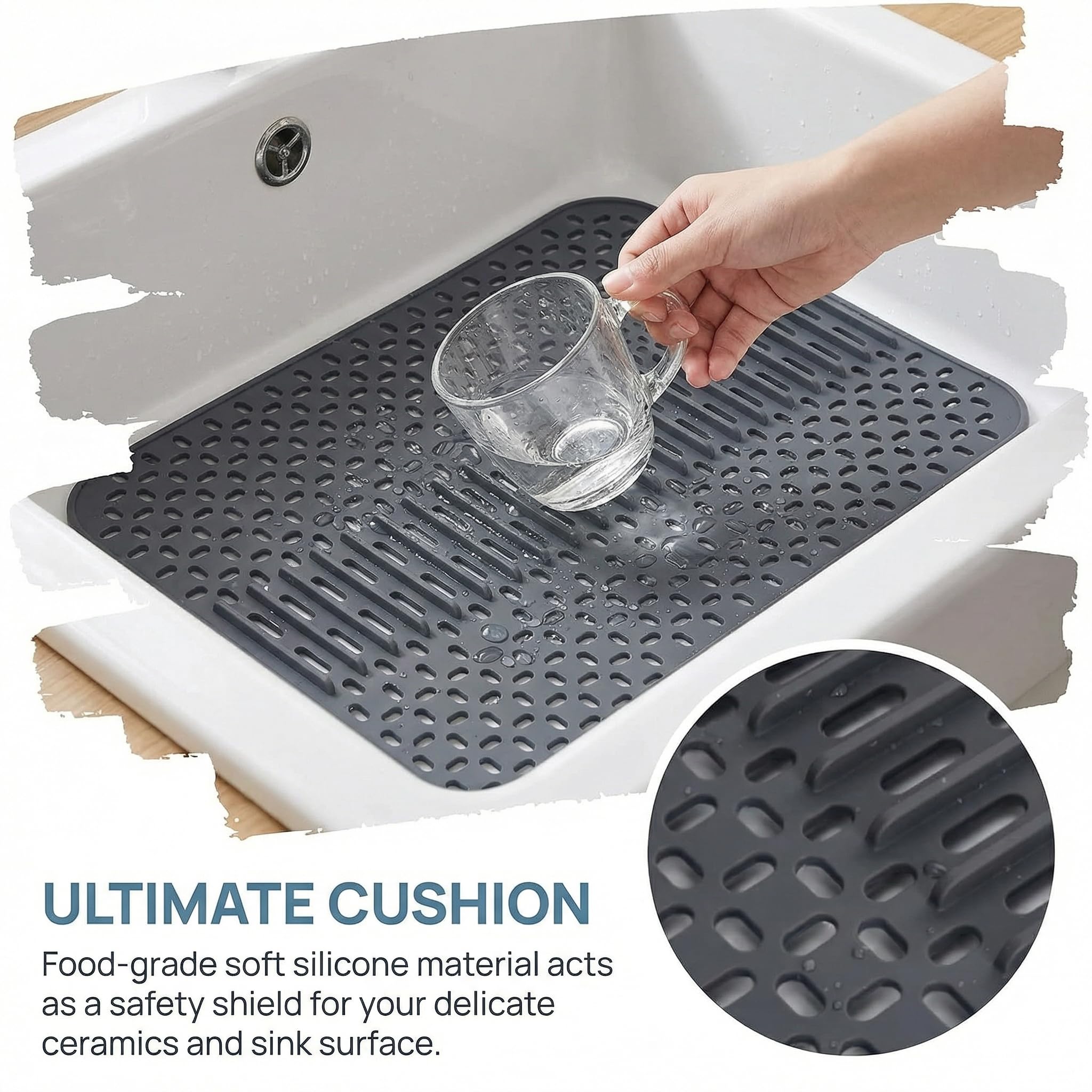 Tapis D'évier de Cuisine en Silicone Protecteur D'évier Pliable Résistant à La Chaleur, Tapis Fond Evier Cuisine pour éviers en Acier Inoxydable/Céramique, Gris Foncé, 43 x 32 cm