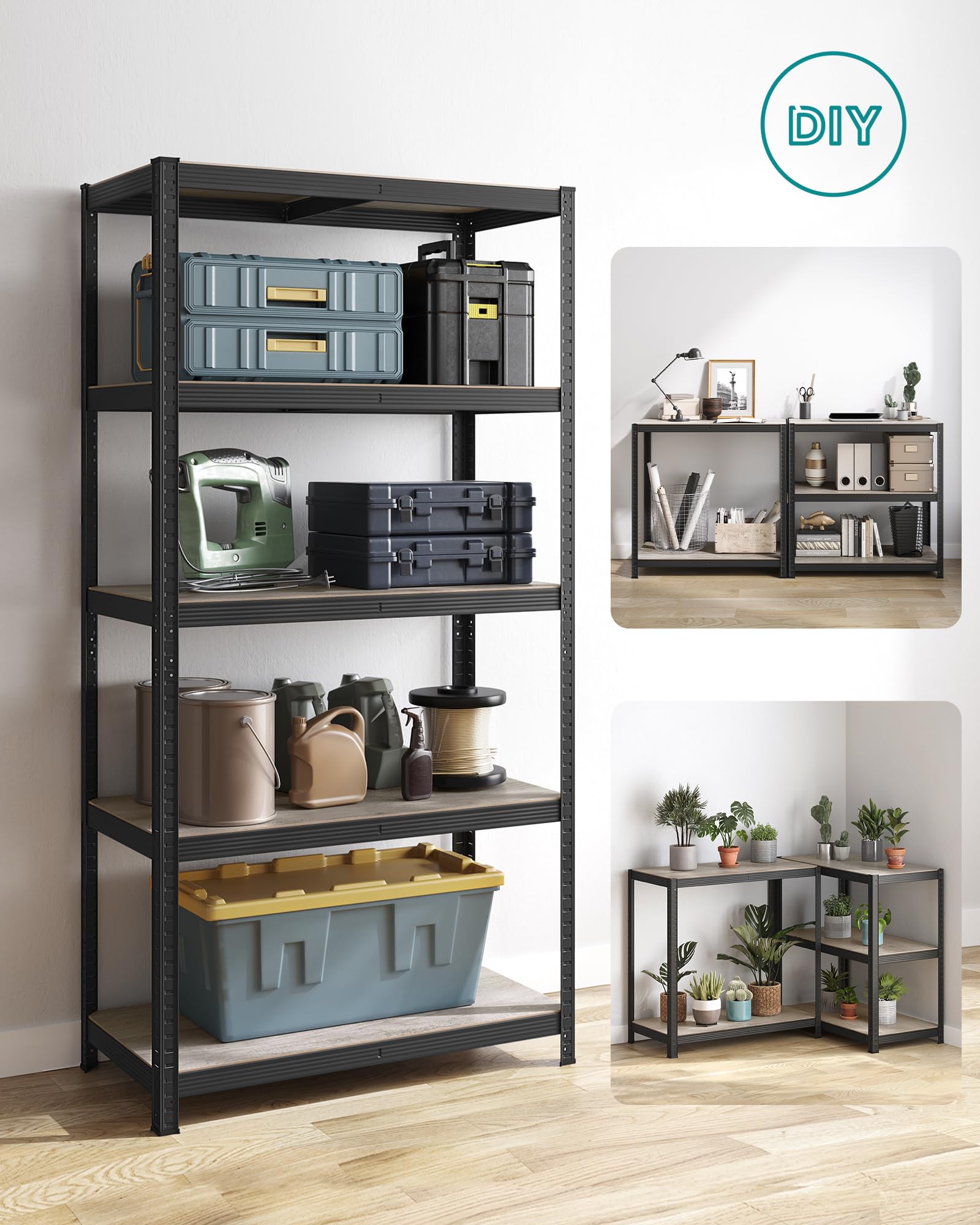 SONGMICS Półka wolnostojąca, zestaw 2 szt., półka na książki, półka do przechowywania, 5 półek, regulowana, 50 x 100 x 200 cm, każda o ładowności do 600 kg, do kuchni, salonu, szaro-czarny GLR050B22
