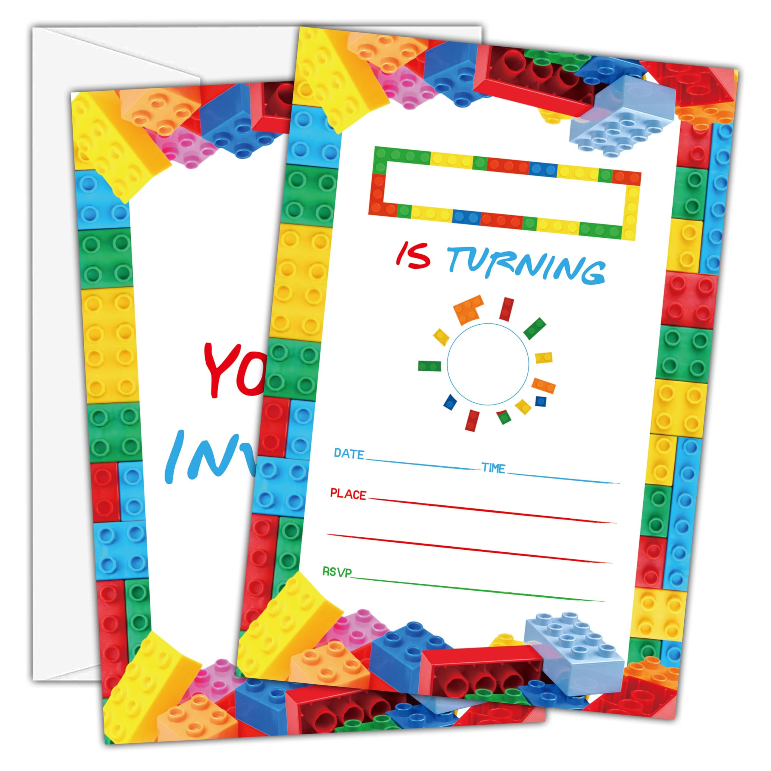 Beshoul Birthday Invitations - Building Blocks Birthday Invites with Envelopes(20-Count) - Stacking Block Bricks Fill-in Party Invite Cards for Party