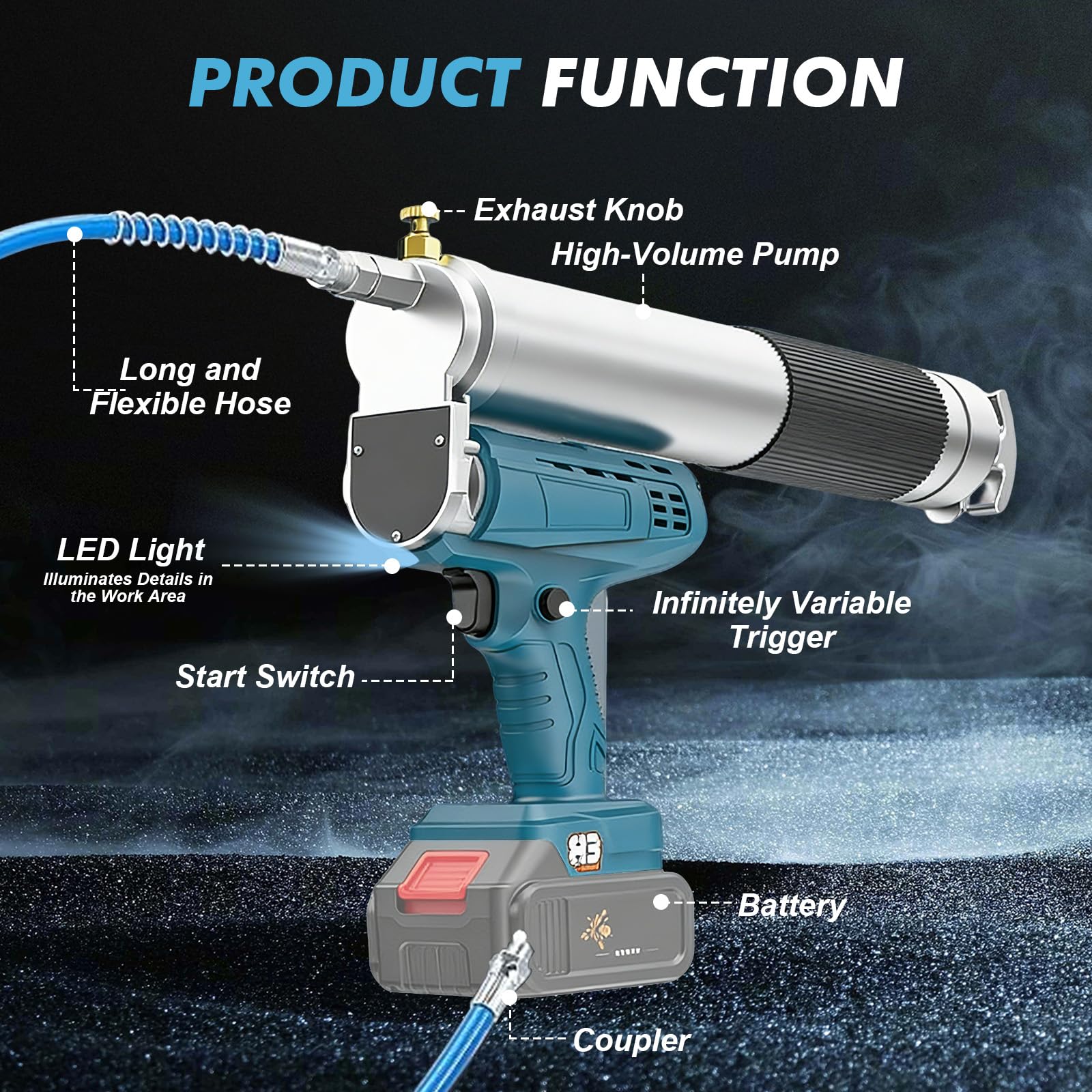 Pistola engrasadora eléctrica con batería, 12000 PSI, con baterías, manguera de 30 cm, luz LED, 4,9 oz/min, funciona con pilas, engrasadora de alta presión para tractores, camiones y máquinas