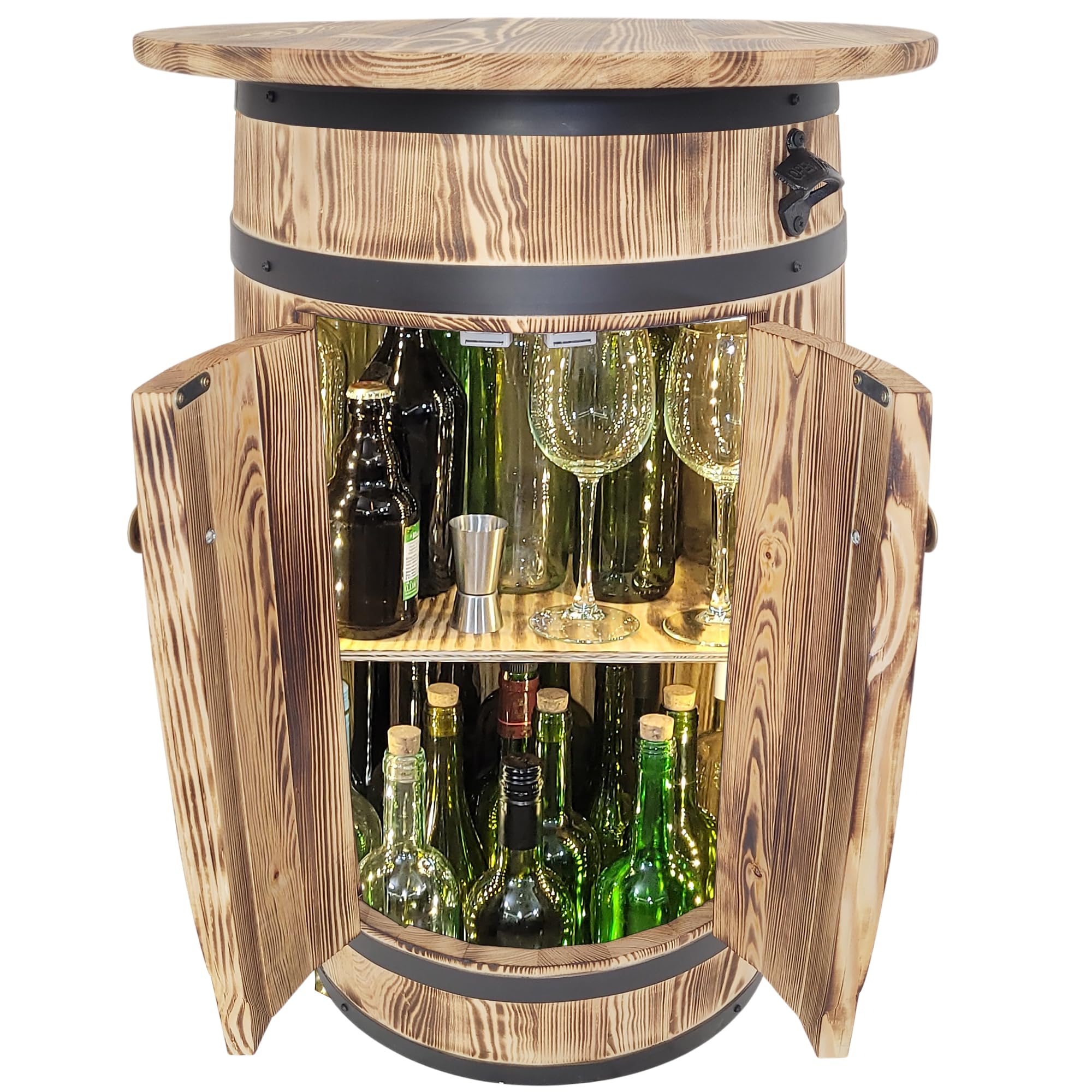 weeco Holzbarfass mit Ablage und LED-Beleuchtung für Alkohol und Gläser – rustikaler Stil, mit Türen und Flaschenöffner, handgefertigt aus Kiefernholz 80x55x40