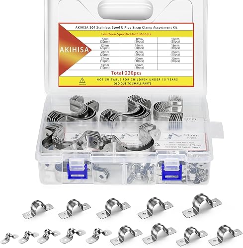 AKIHISA Kit surtido de 220 abrazaderas de correa de tubería de 14 tamaños, M5-M40 2 agujeros de correa de tubo en U, juego de abrazaderas de acero
