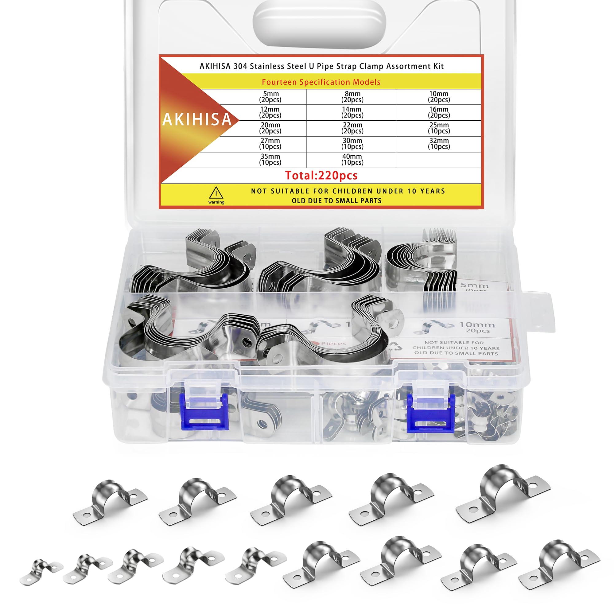 AKIHISA 220Pcs 14 Sizes Pipe Strap Clamp Assortment Kit, M5