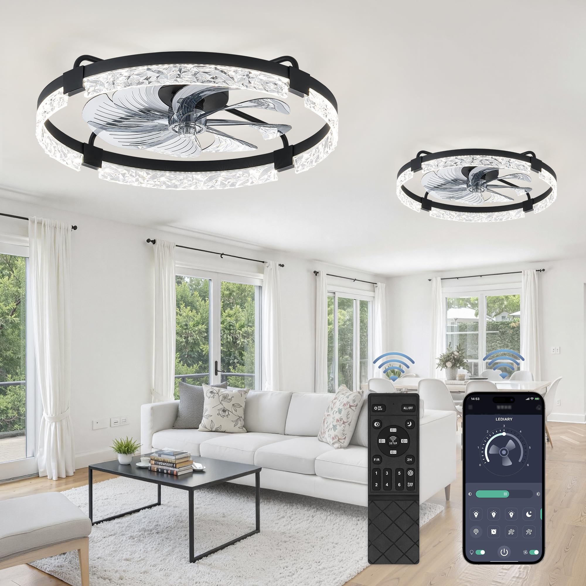 lediary 2 pack 24 inch low profile ceiling fans with lights and remote, fandelier modern ceiling fan, 3000k-6000k dimmable led fan light, black flush mount ceiling fans with lights for bedroom