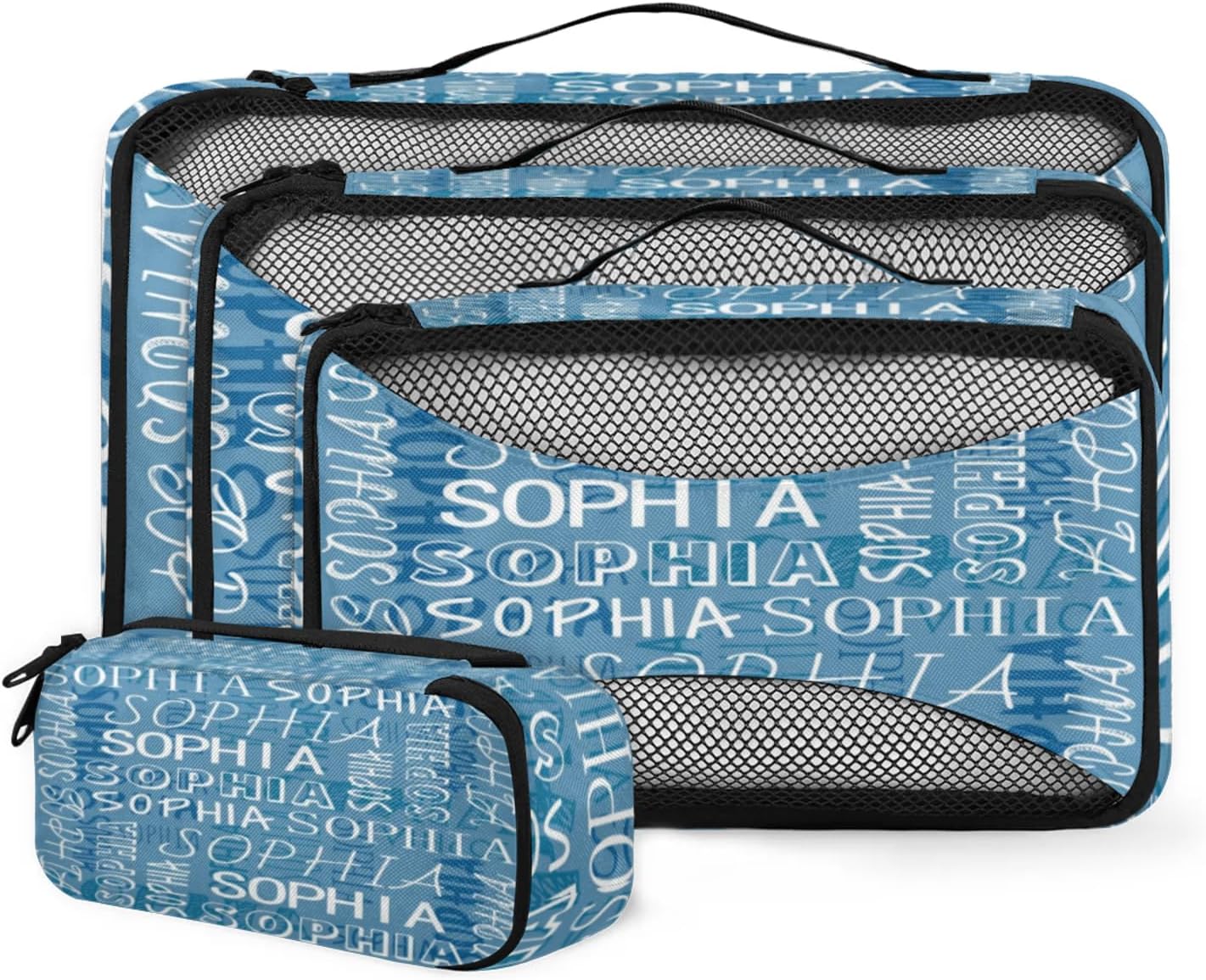 Personalized Packing Cubes Sets of 4, Custom Name Cubes Set for Women Grils, Travel Luggage Packing Organizers for Suitcases, Blue