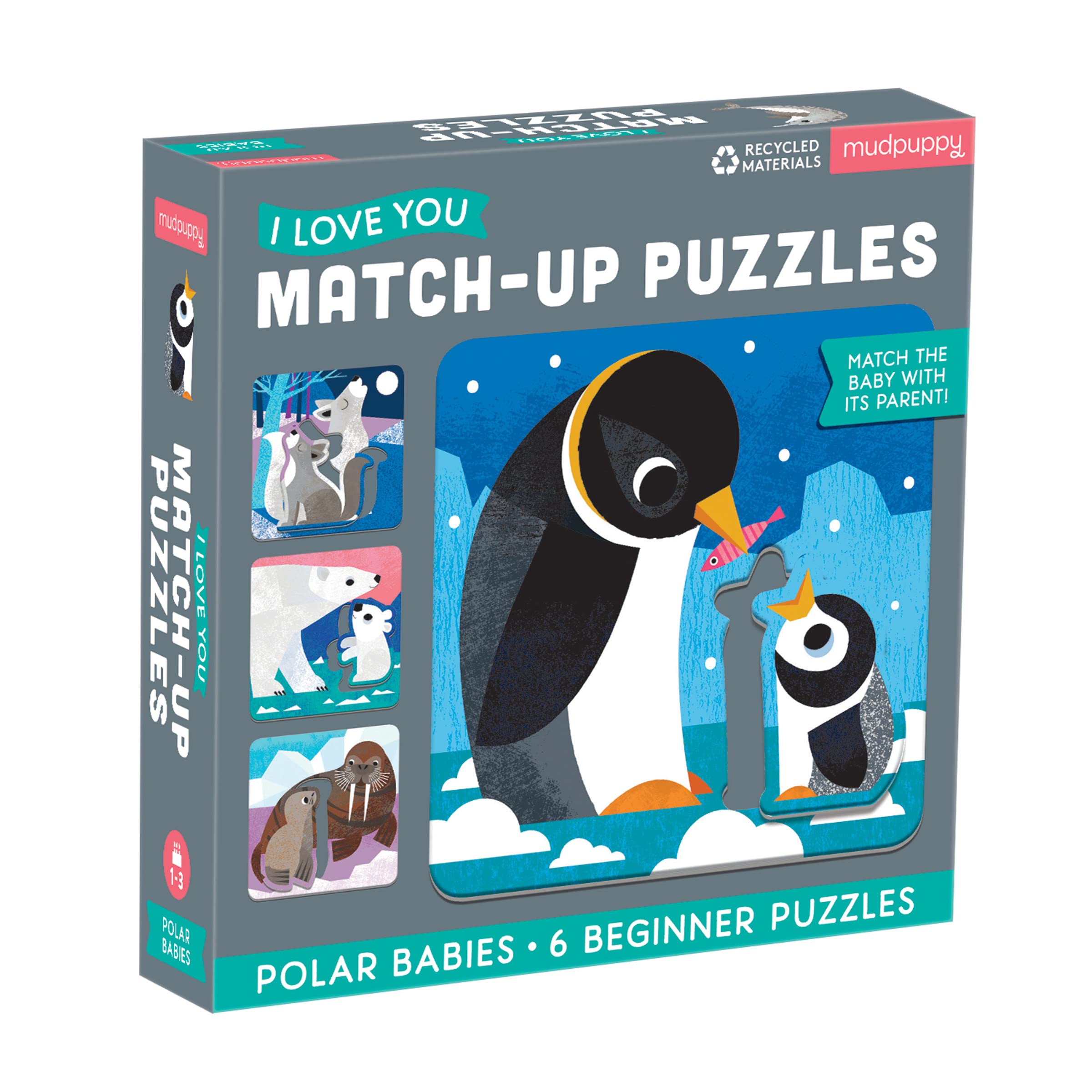 Polar Babies I Love You Match-Up Puzzles from Mudpuppy - Match-Up Puzzles for Children Ages 1-3, Adorable Polar Baby Animal Illustrations, 6 Beginner Puzzles + 1 Shaped Puzzle Piece Per Board