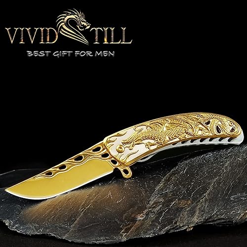 Miniatura 4 de Vividstill 2 cuchillos de bolsillo para hombres, cuchillo plegable con alivio de dragón 3D, gran regalo Edc cuchillo para hombres, supervivencia al