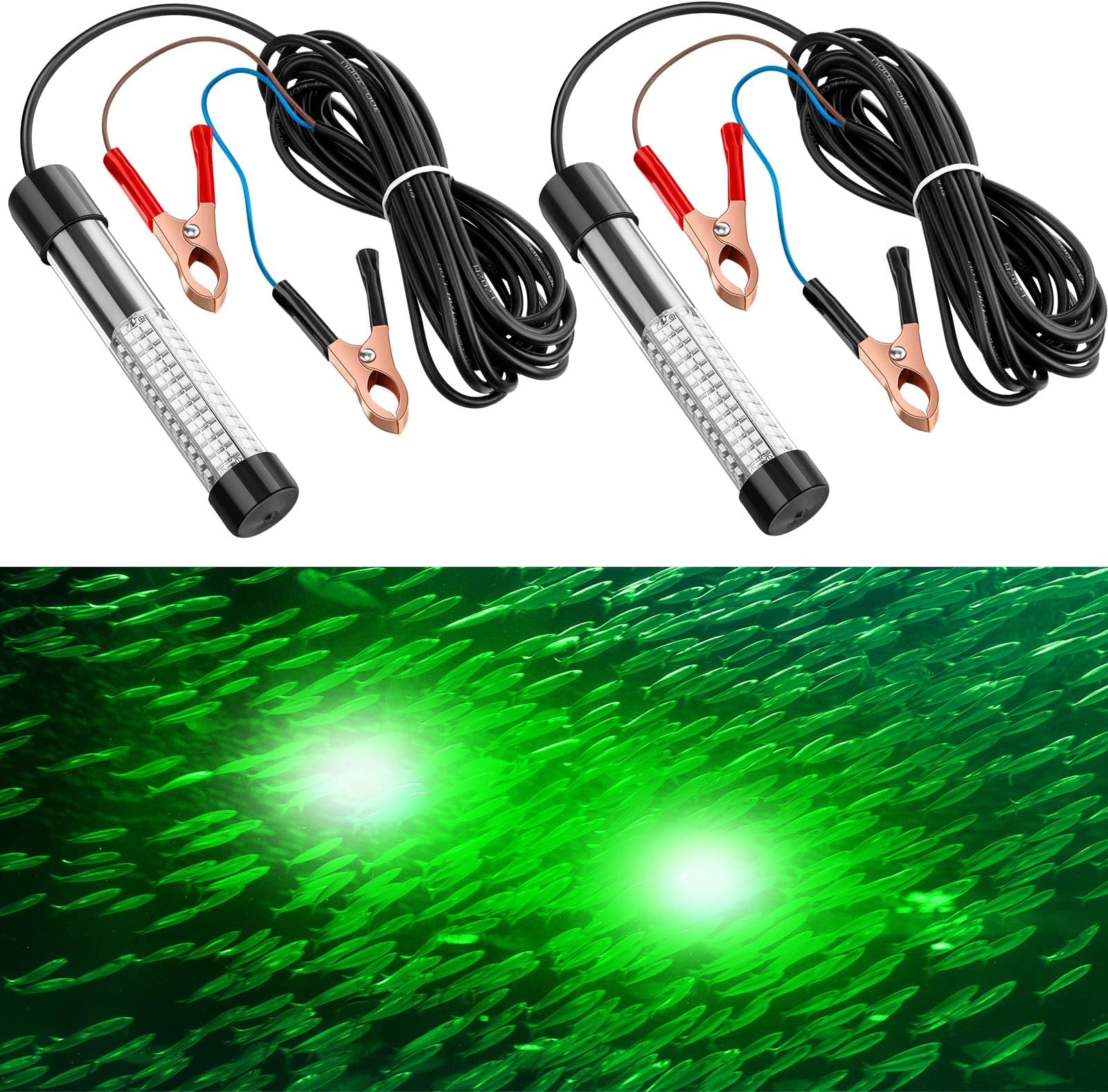 Geelin 12v 10w Green Underwater Fishing Light Submersible Lure Bait LED Fishing Attracting Light Night Green Glow Finder Lamp for Pool Boat Sea Ice Crappie Squid Shad Shrimp