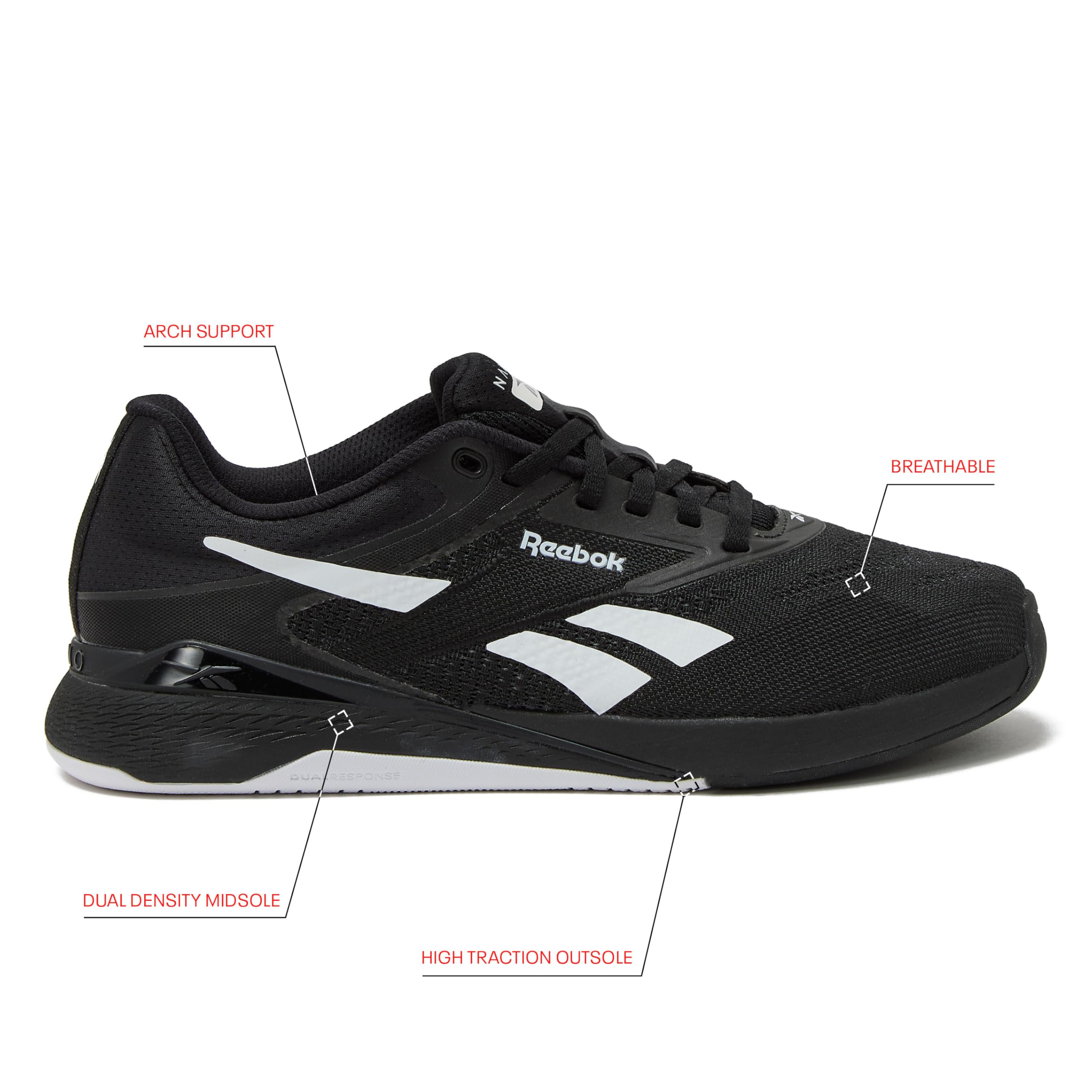 Reebok Nano X5 Sneakers, Cross Training Gym Walking Shoes Women, Black/Footwear White, 8.5