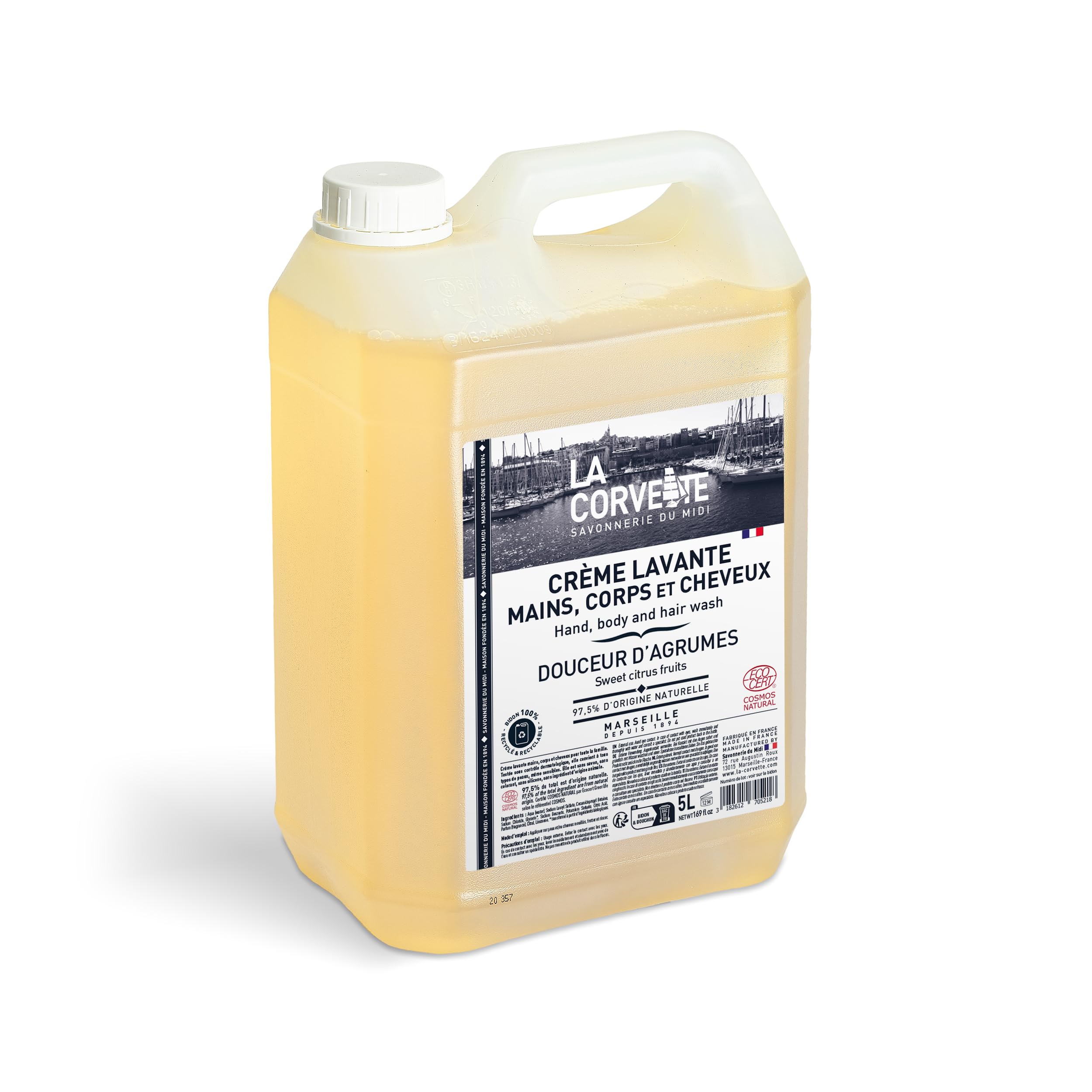 La Corvette - Crème lavante 3 en 1, mains, corps et cheveux Douceur d’Agrumes – 5 L – COSMOS Natural – Format économique