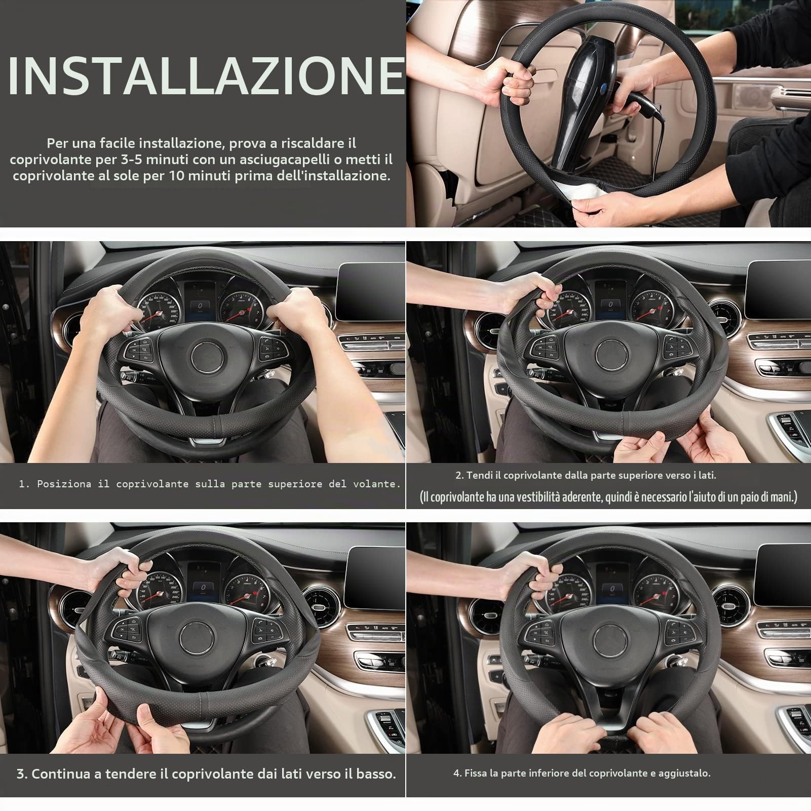 COFIT Coprivolante Auto in Pelle Microfibra Traspirante Antiscivolo con Marcatura Centrale Universale M 37-38cm Nero