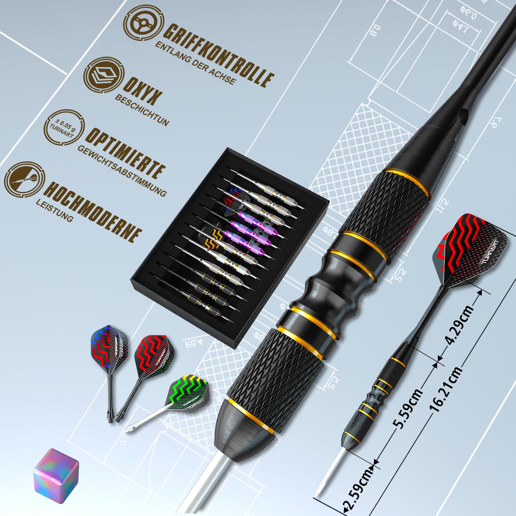 Turnart Dartpfeile mit Metallspitze, 12 Stück Profi Steeldarts mit Dart Case