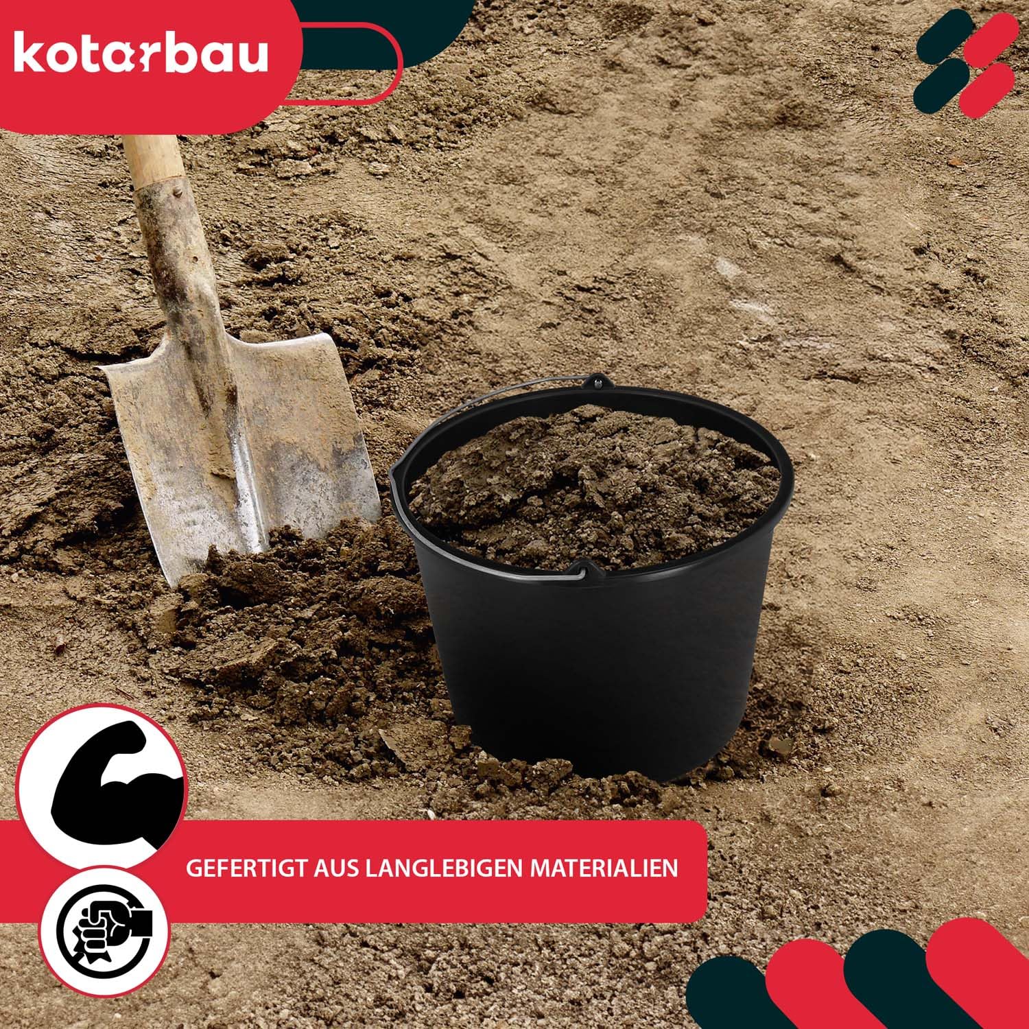 KOTARBAU Set di 20 secchi per l’edilizia, caldarella in plastica da 12 litri, per lavori edilizia, cemento, acqua, per il giardinaggio, colore nero