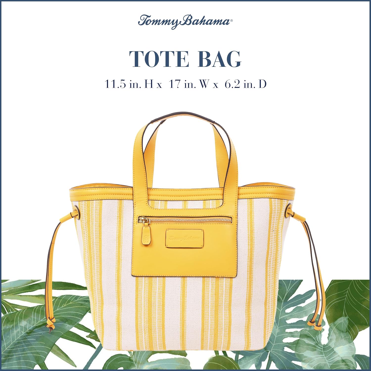 Tommy Bahama Canvas Stripe Large Tote Bag, Summer Bag, Leather Trim, Dual Handles, Spacious Interior, Yellow and White - Image 2