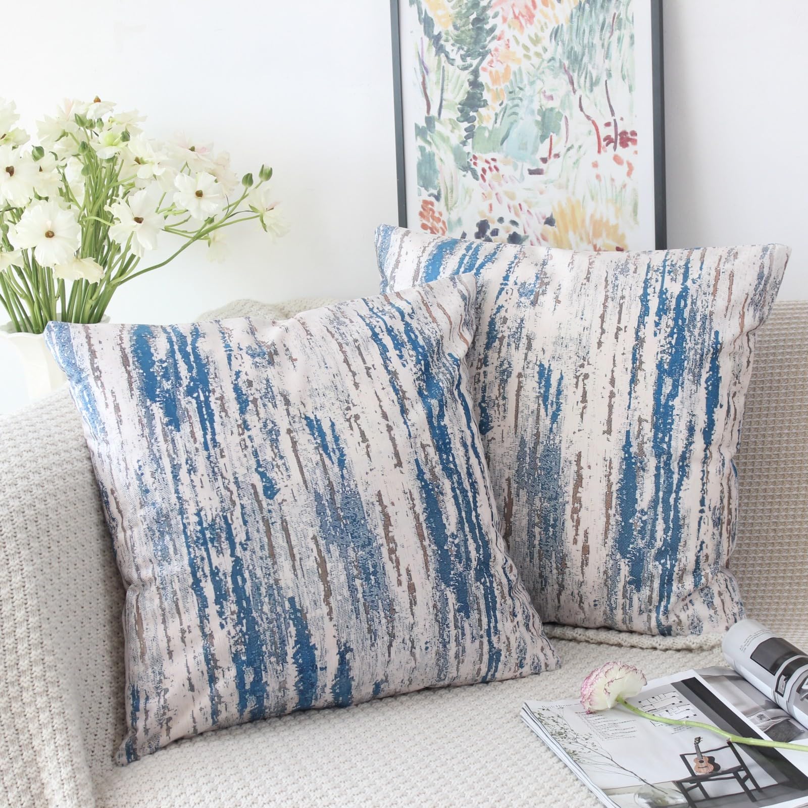 NIULAA Velvet Blue Cushion Covers 18x18 Double Sided Vintage Cushion Cover 45cm x 45cm Set of 2 Soft Art Deco Pillow Cases Abstract Decorative Pillows for Bed Sofa Living Room - Image 3