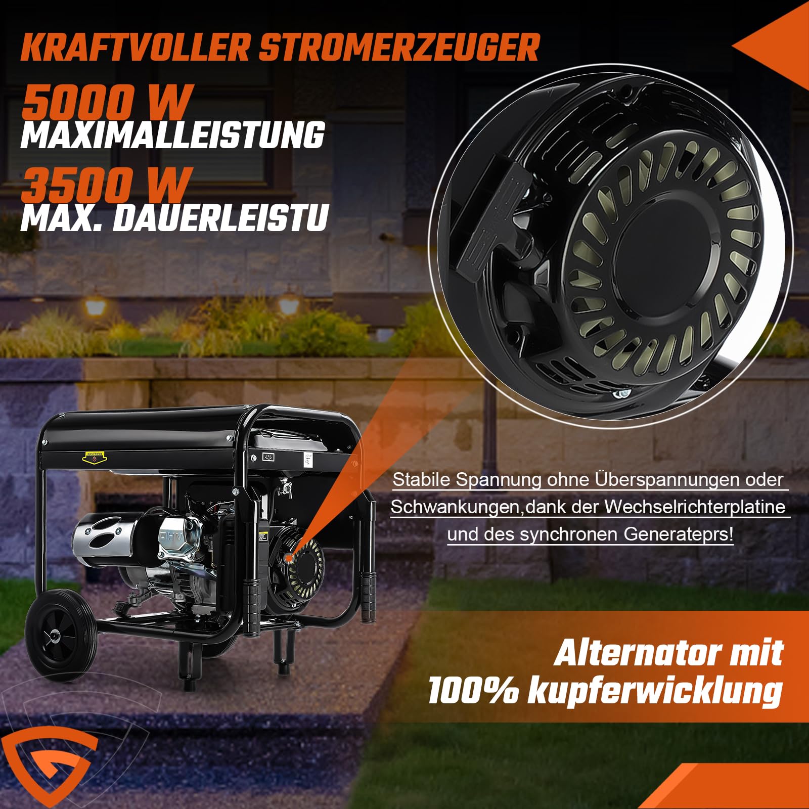 Benzin Stromgenerator mit E-Start | 4-Takt Benzin Motor mit 12PS | 5000W Leistung | 274mm Hubraum | 2x 230V | 12V Anschluss | 15L Tank | AVR-Technologie | inkl. Fahrvorrichtung