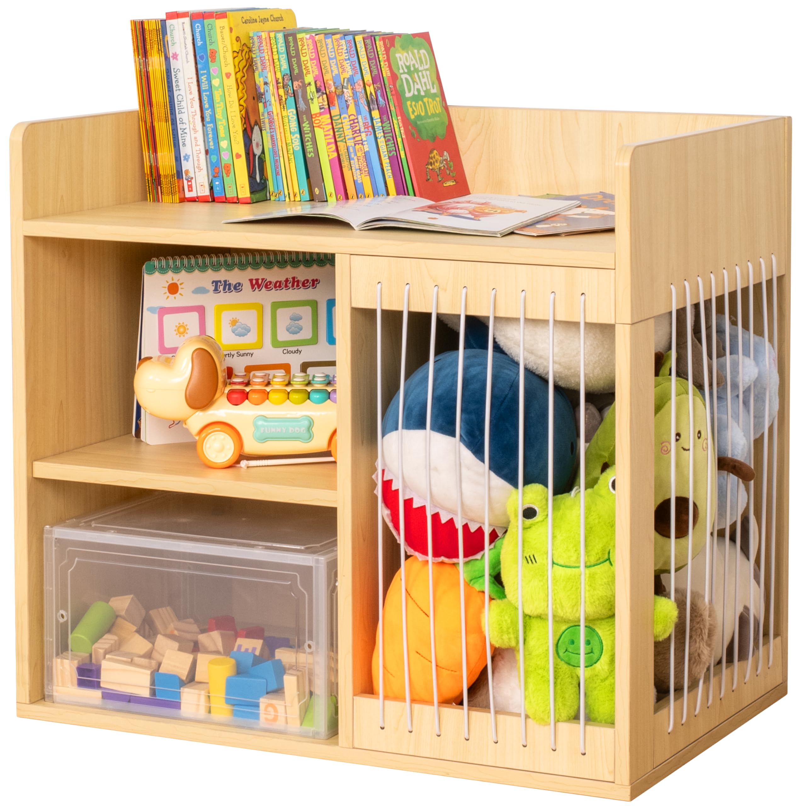 F3C | Montessori Plush, Bookshelf and Toy Storage | 3-Section Kids Bookshelf for Organizing Books | 2-Shelf Toy Organizers and Storage Cabinet | Natural Wood Bookcase with Storage