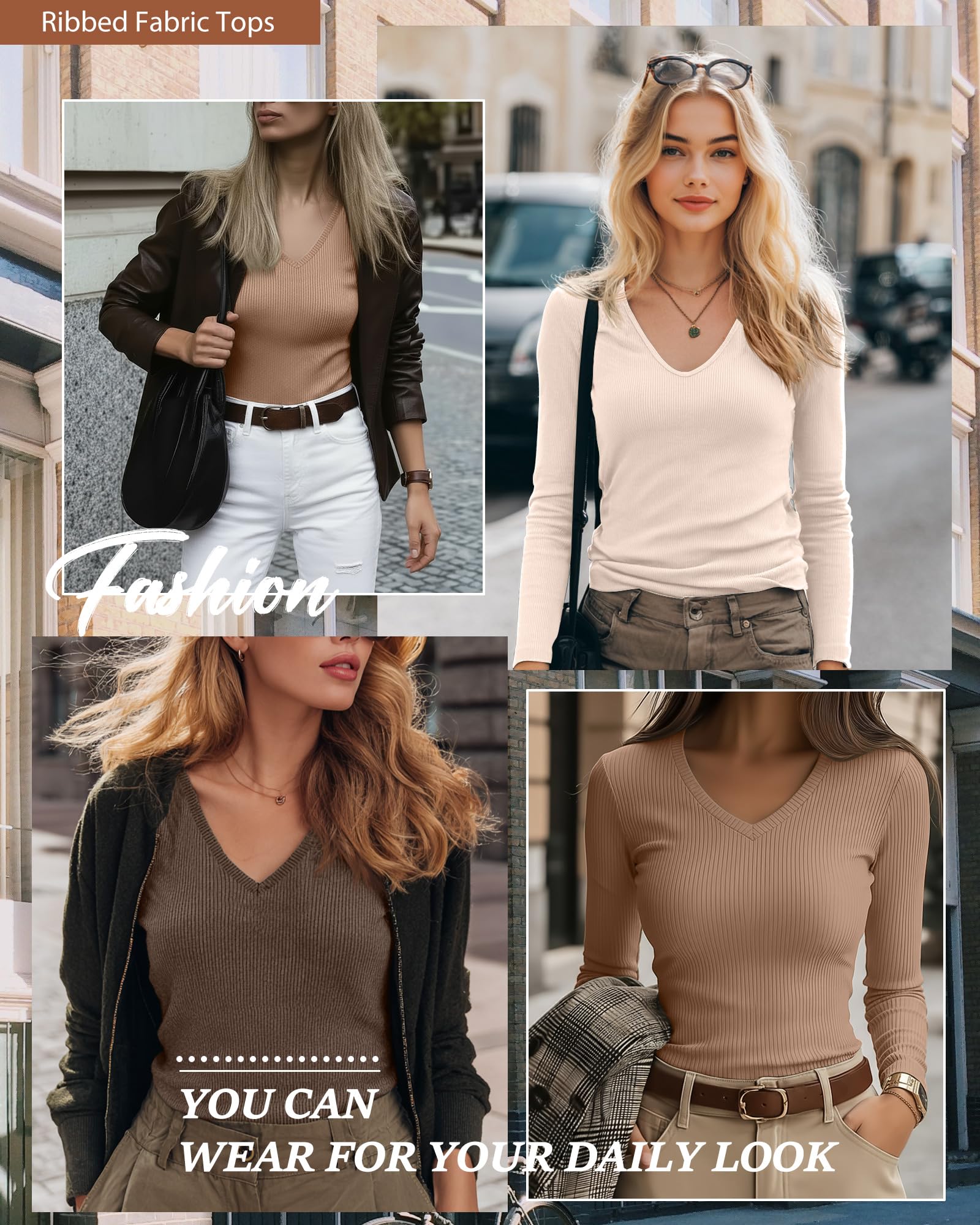 Ficerd Lot 3 Chemises Côtelées Femme | Tops En Coton Col V Pour Sorties, Tenues Décontractées De Bureau, Sous-pulls Basiques AjustéS Pour Sous Les Uniformes