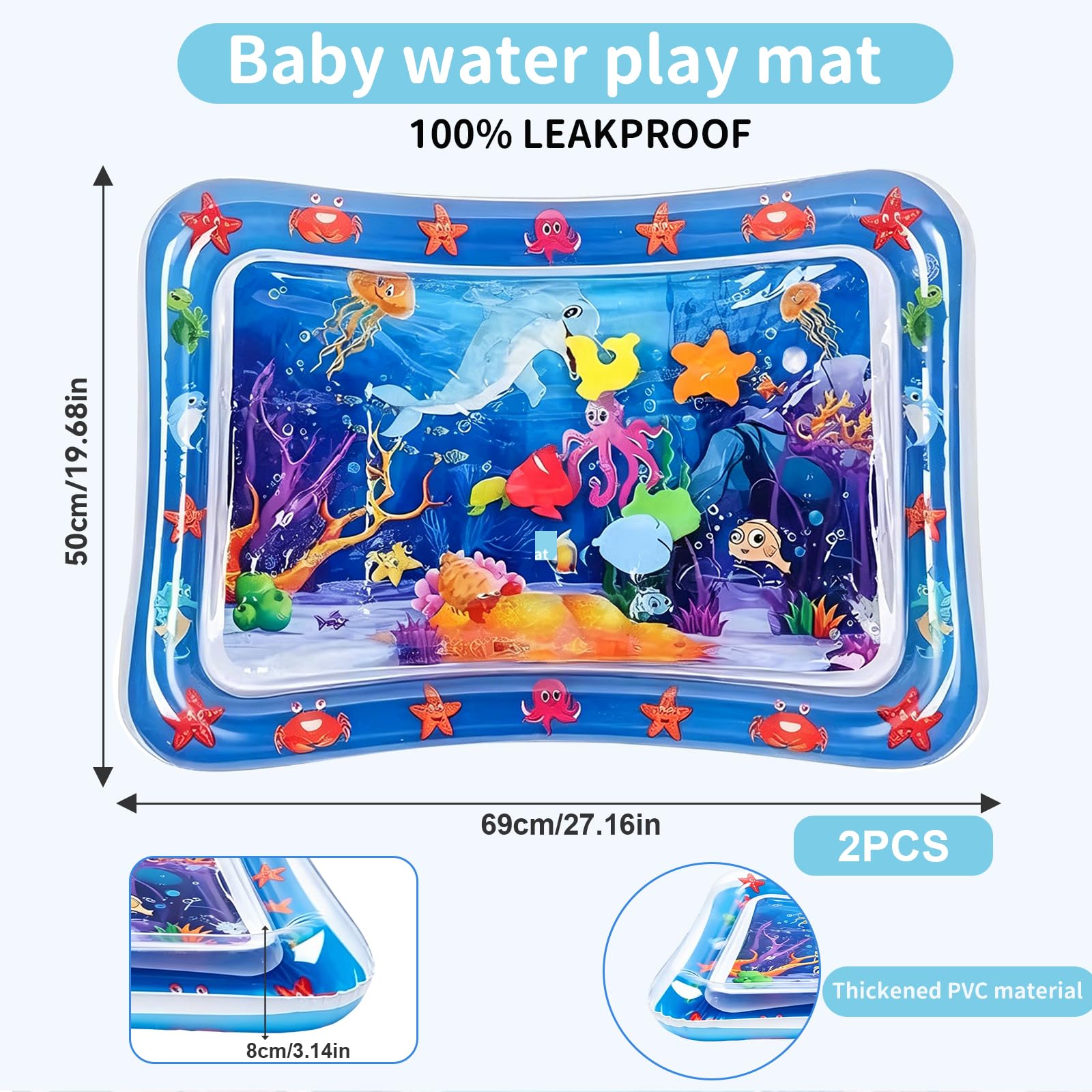 2 szt. Mata wodna dla niemowląt, 70 x 50 cm Nadmuchiwana mata wodna dla niemowląt, bezpieczna mata wodna 3 6 9 9 12 miesięcy, zabawne zajęcia promują wzrost (niebieski)