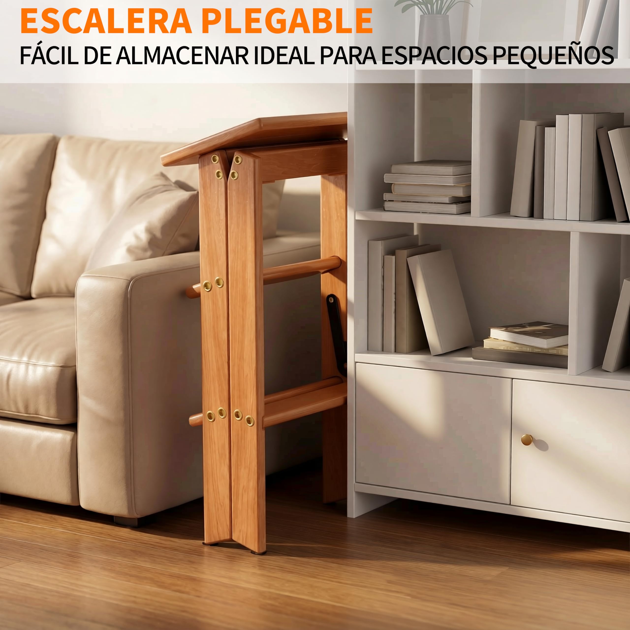 Escalera de 3 peldaños, Taburete Plegable de Madera, Silla Plegable, Antideslizante, portátil y Resistente para el hogar, la Cocina y la Oficina (Madera EW1)