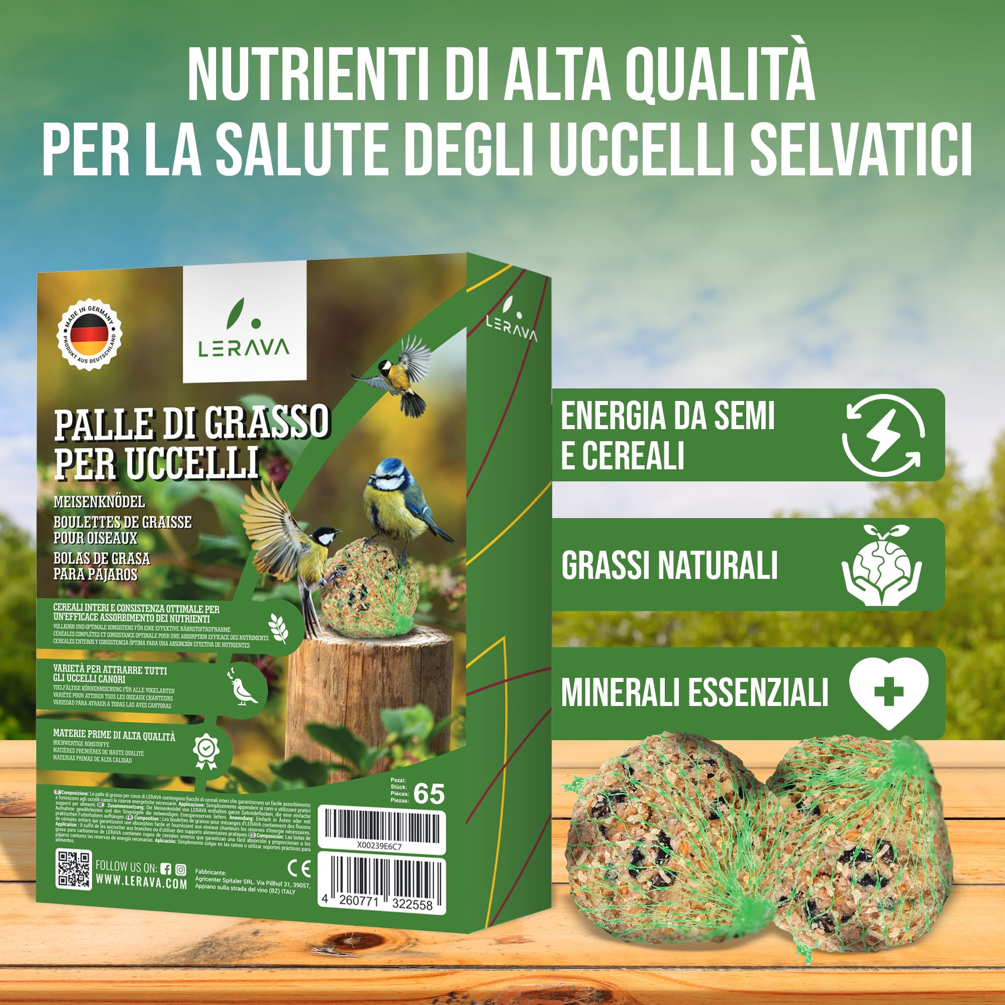 LERAVA Palline di grasso (65 pezzi) - Mangime energetico per uccelli selvatici - Cibo invernale ricco di energia - Alimentazione naturale per uso esterno tutto l'anno per tutte le specie di uccelli