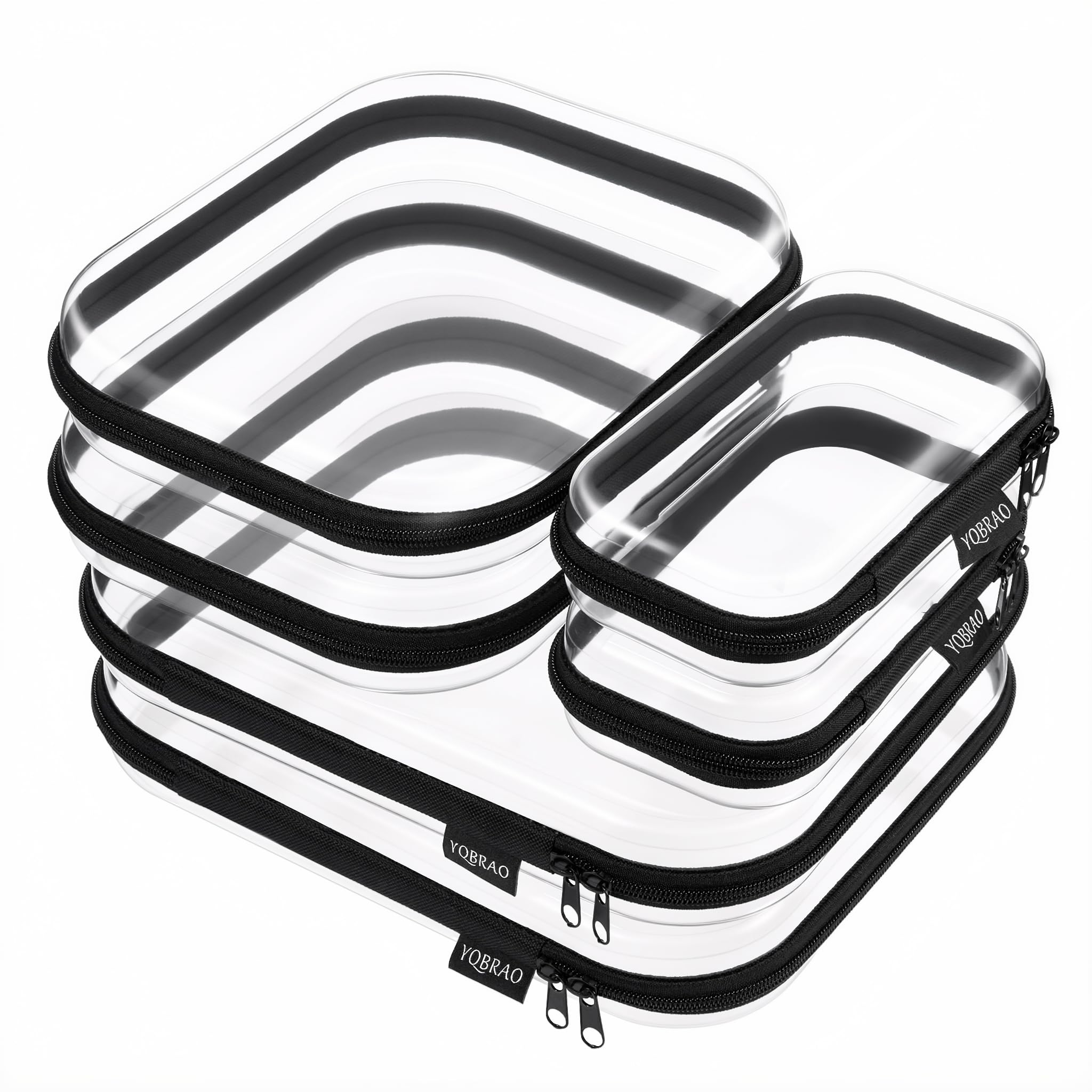 YQBRAO Clear Hard Shell Zipper Cases, 6 Multi-Size Organizers, Black | Rigid clear shells in three practical sizes organize toiletries, cosmetics, cables, stationery and household essentials