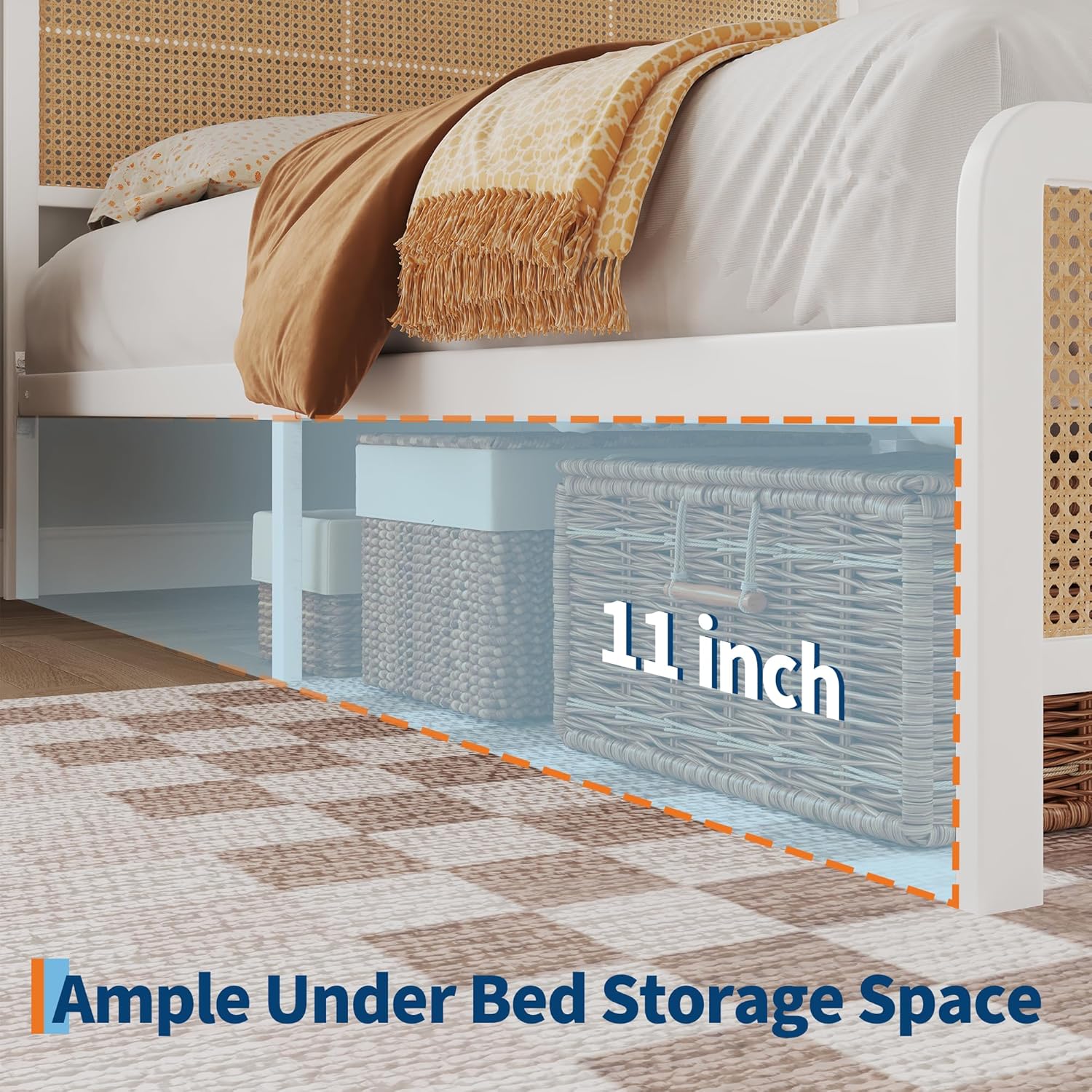 GAOMON Full Size Rattan Bed Frame with Headboard, Modern Style Cane Boho Bed Frames with Heavy Duty Sturdy Steel Slat Support, No Box Spring Needed, White